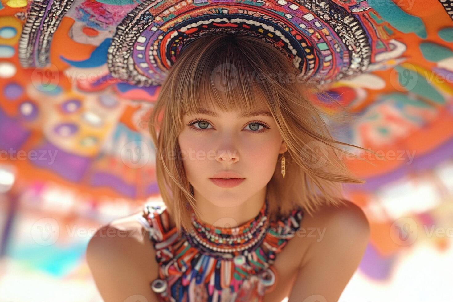 A woman wearing a colorful hat on a beach photo