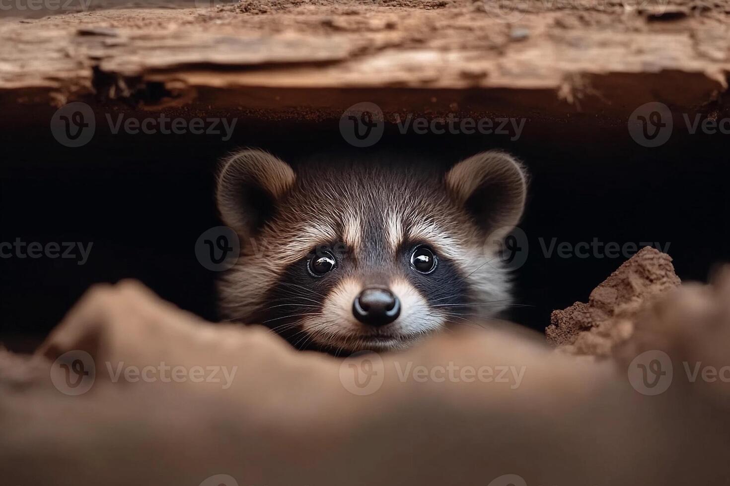 A raccoon peeks out from a hole in the ground photo