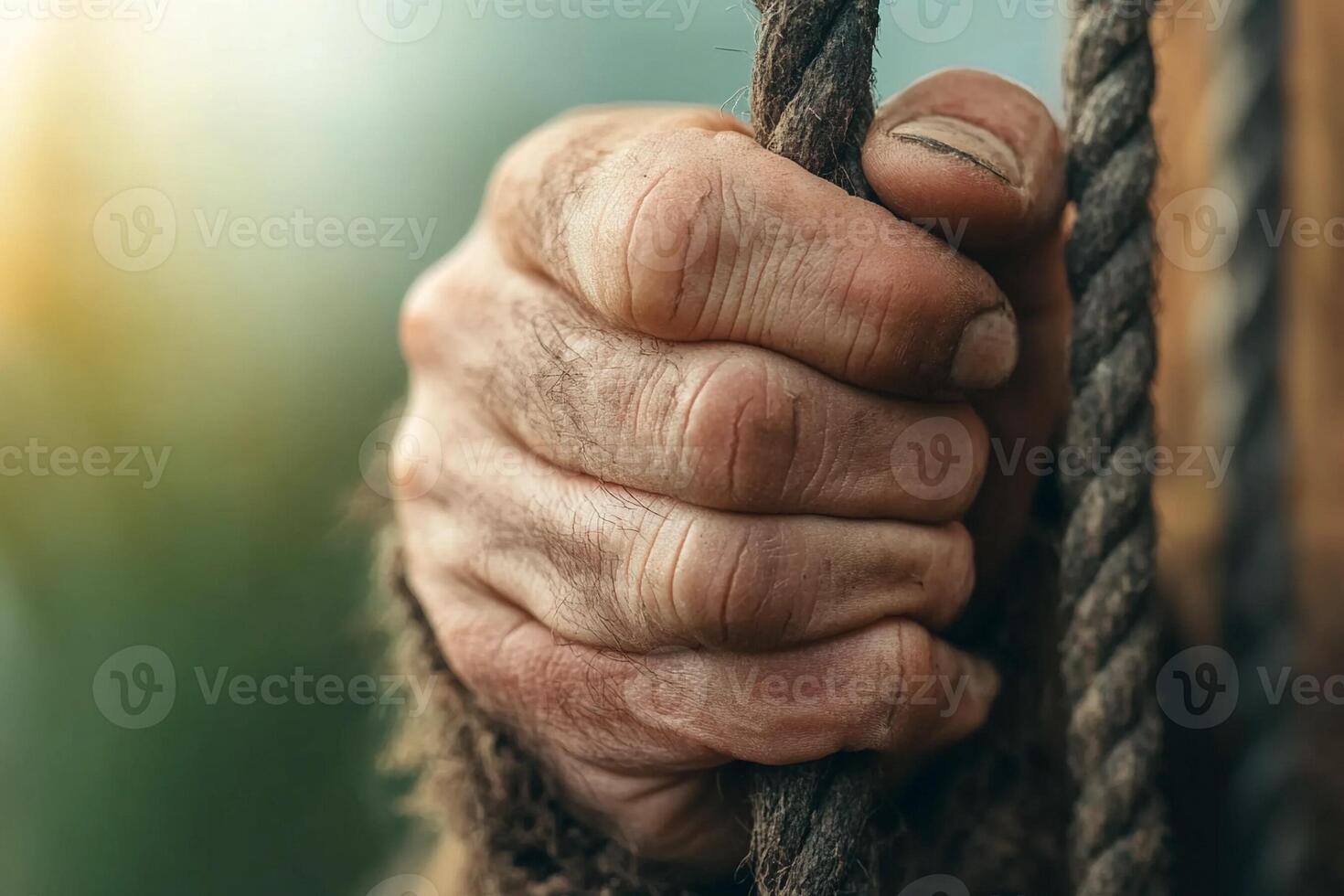 Close up of a man's hand holding on to a rope photo