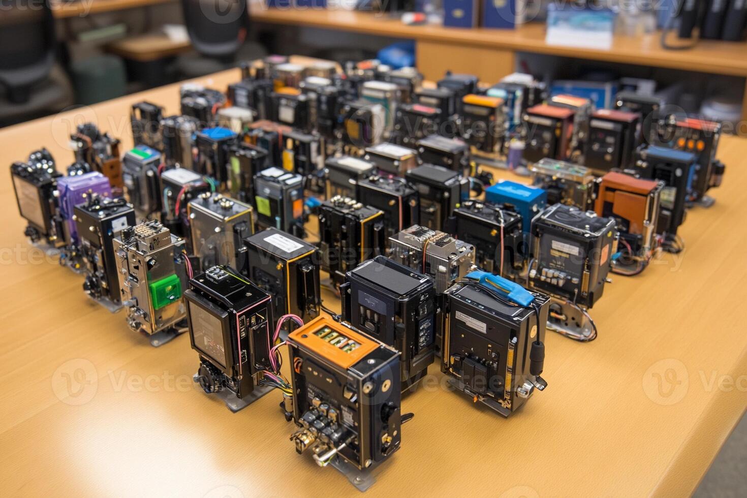 A table full of electronic devices on top of a desk photo