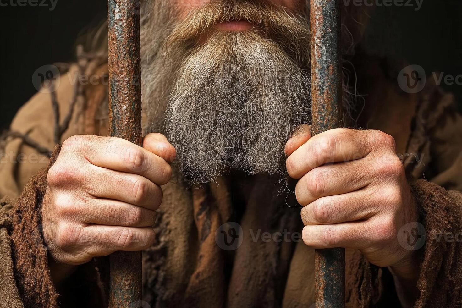 A man with a beard and long hair behind bars photo