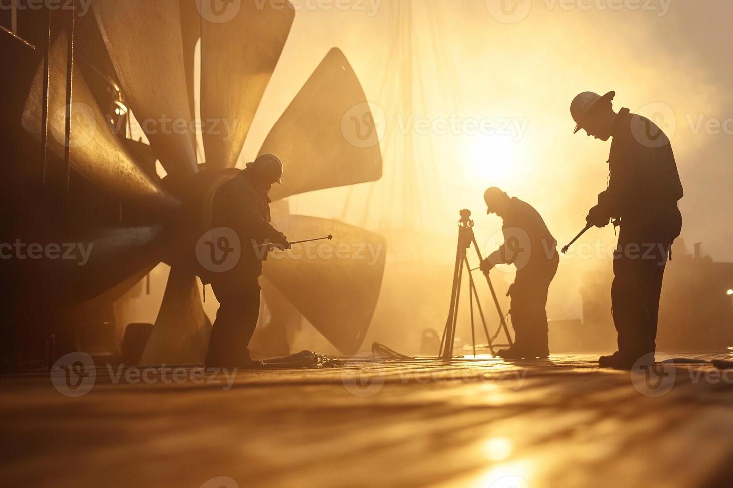 Three men in hard hats and work clothes standing on a dock photo