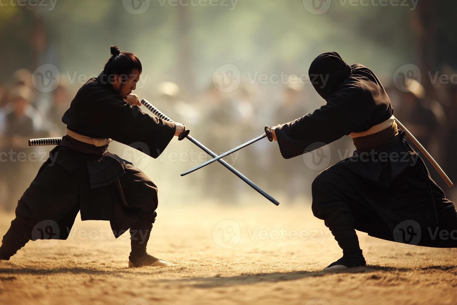 Two men in black fighting with two swords photo