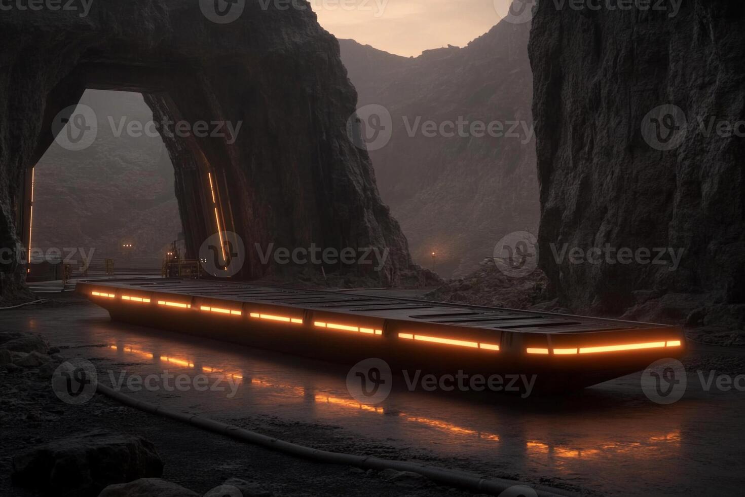 A train is sitting in a tunnel with a mountain in the background photo