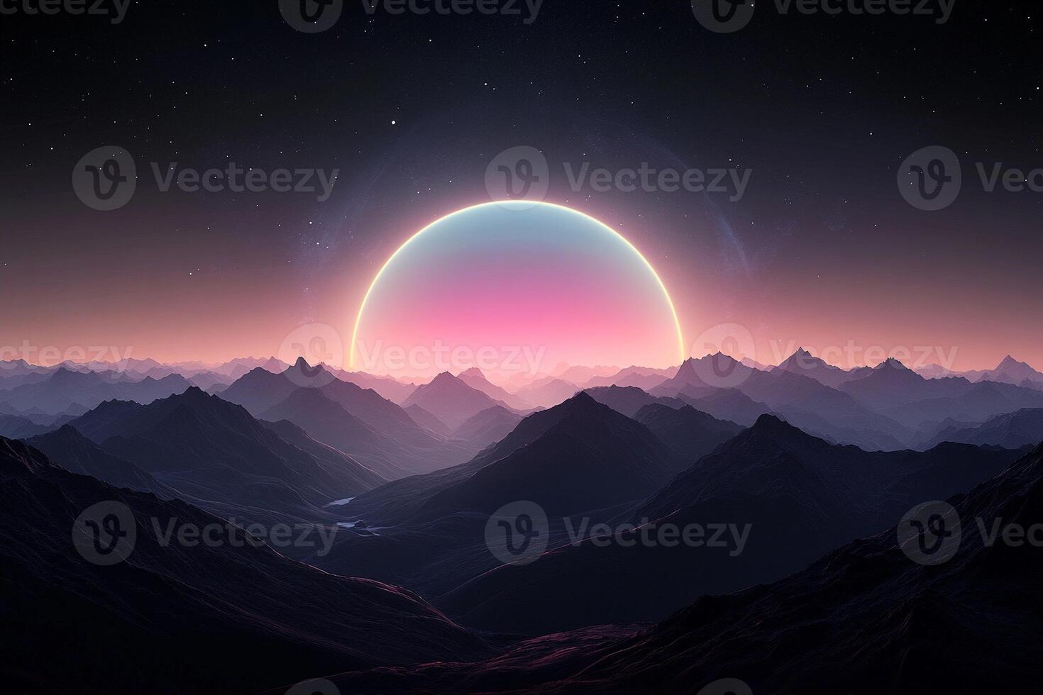 A purple moon over mountains and a bright pink sun photo