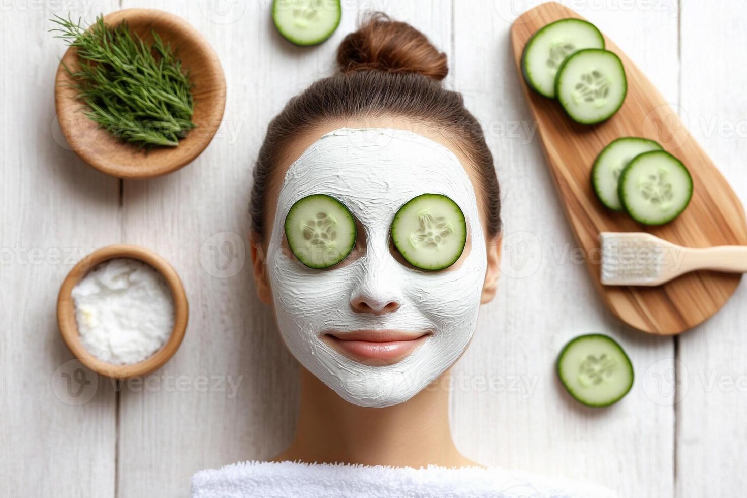 A woman with cucumber face mask and cucumber slices photo