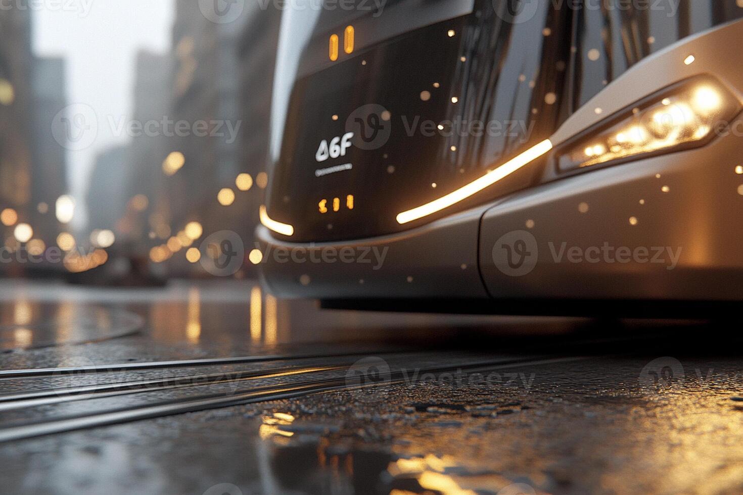 A train is driving down a street at night photo
