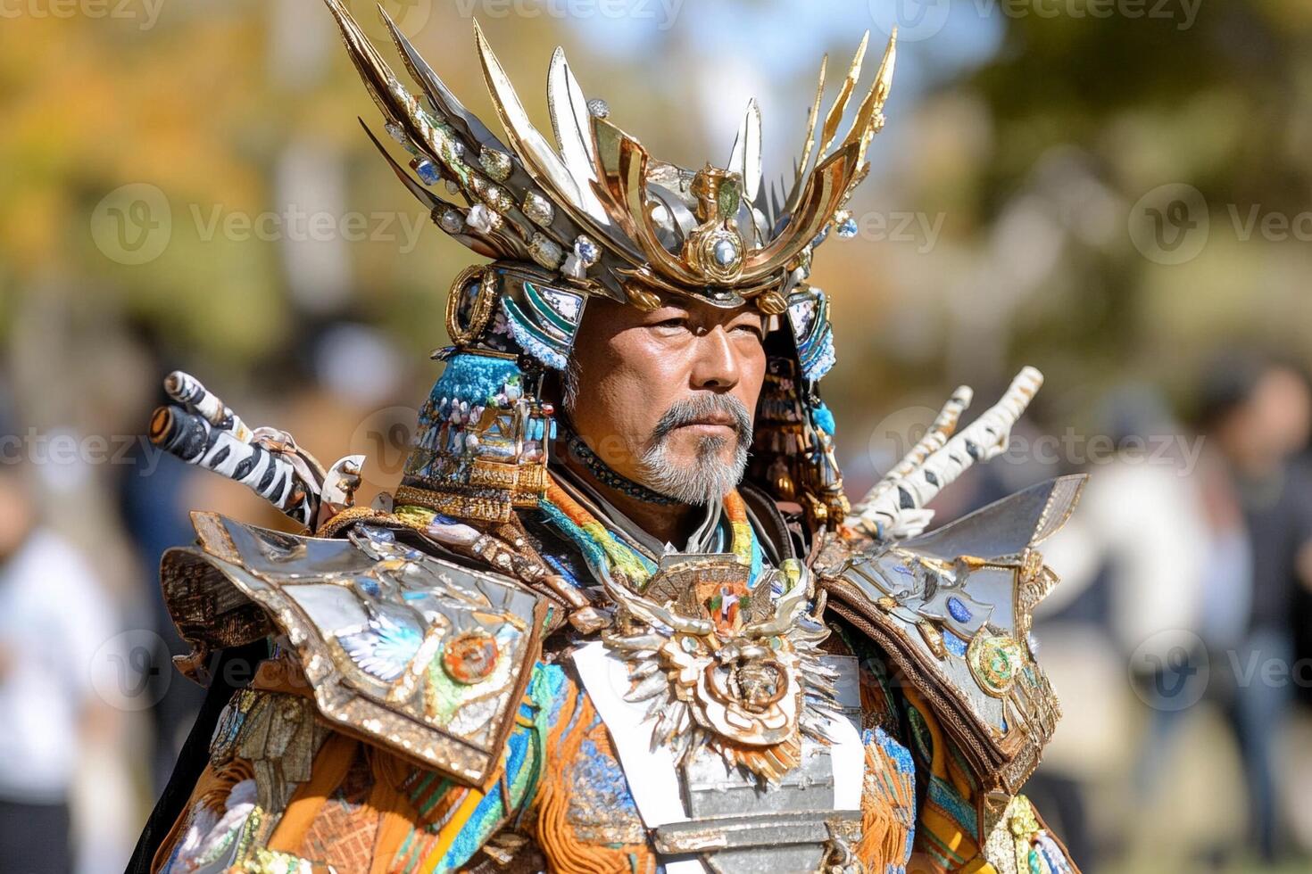 A man dressed in an elaborate costume with a sword photo