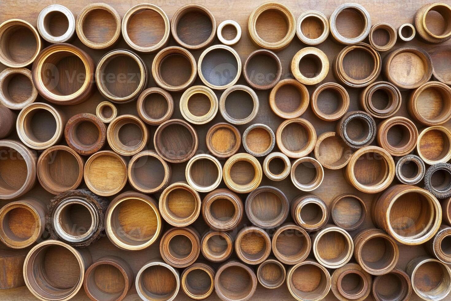 A wall of wooden bowls arranged in a circle photo