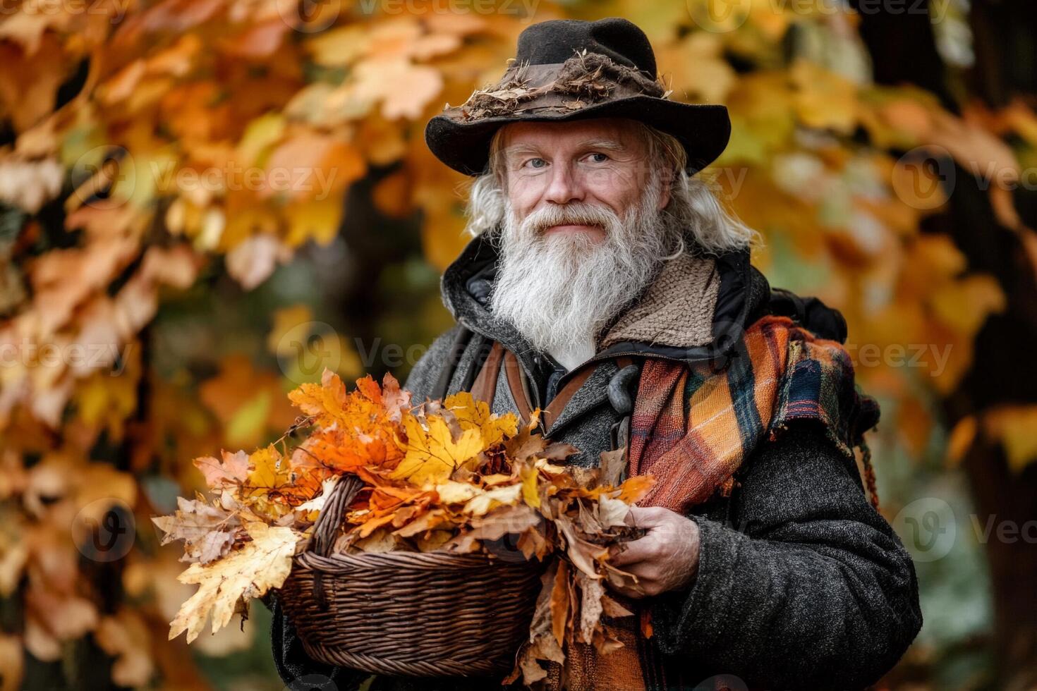 An old man with a long beard and hat holding a basket of autumn leaves photo