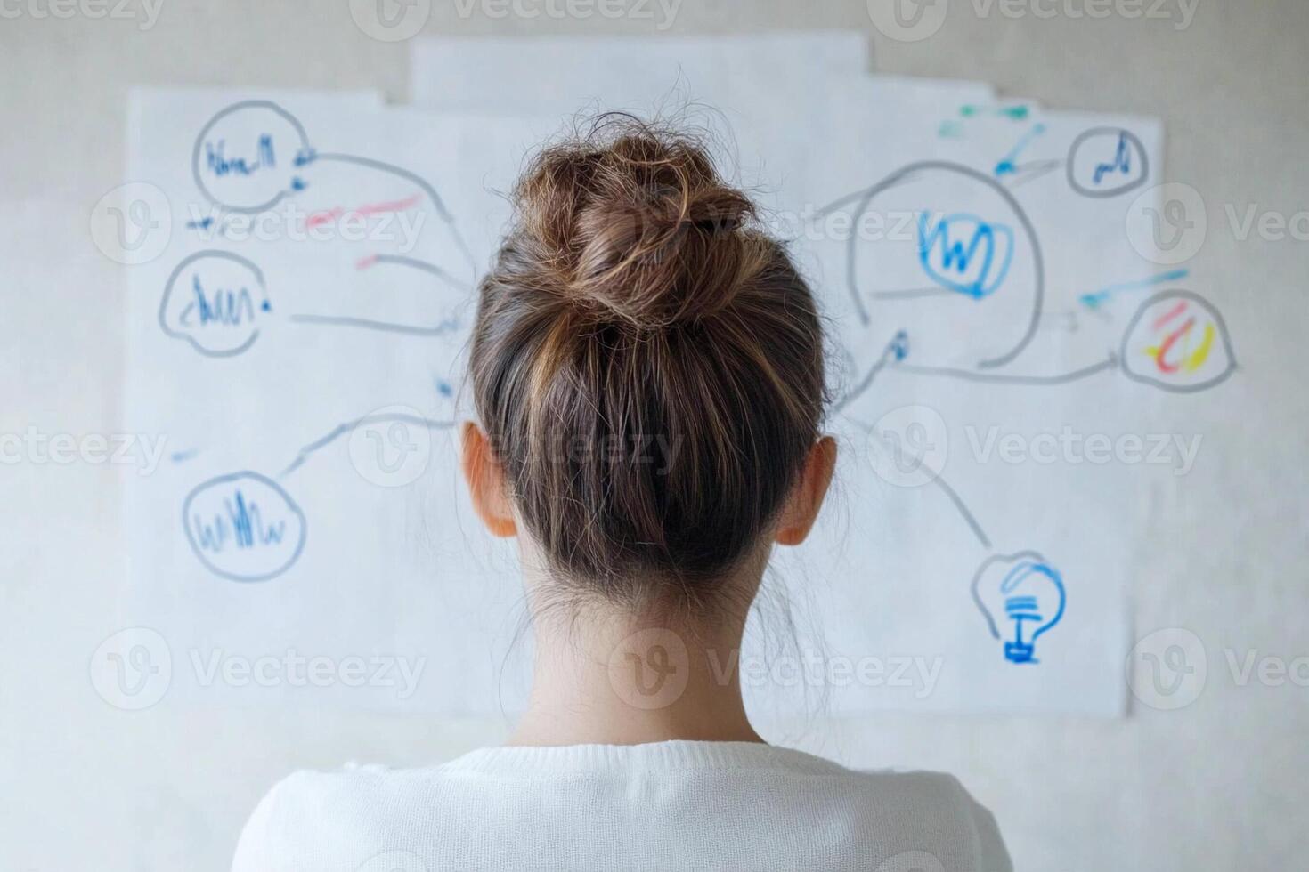 A woman is looking at a whiteboard with various ideas photo
