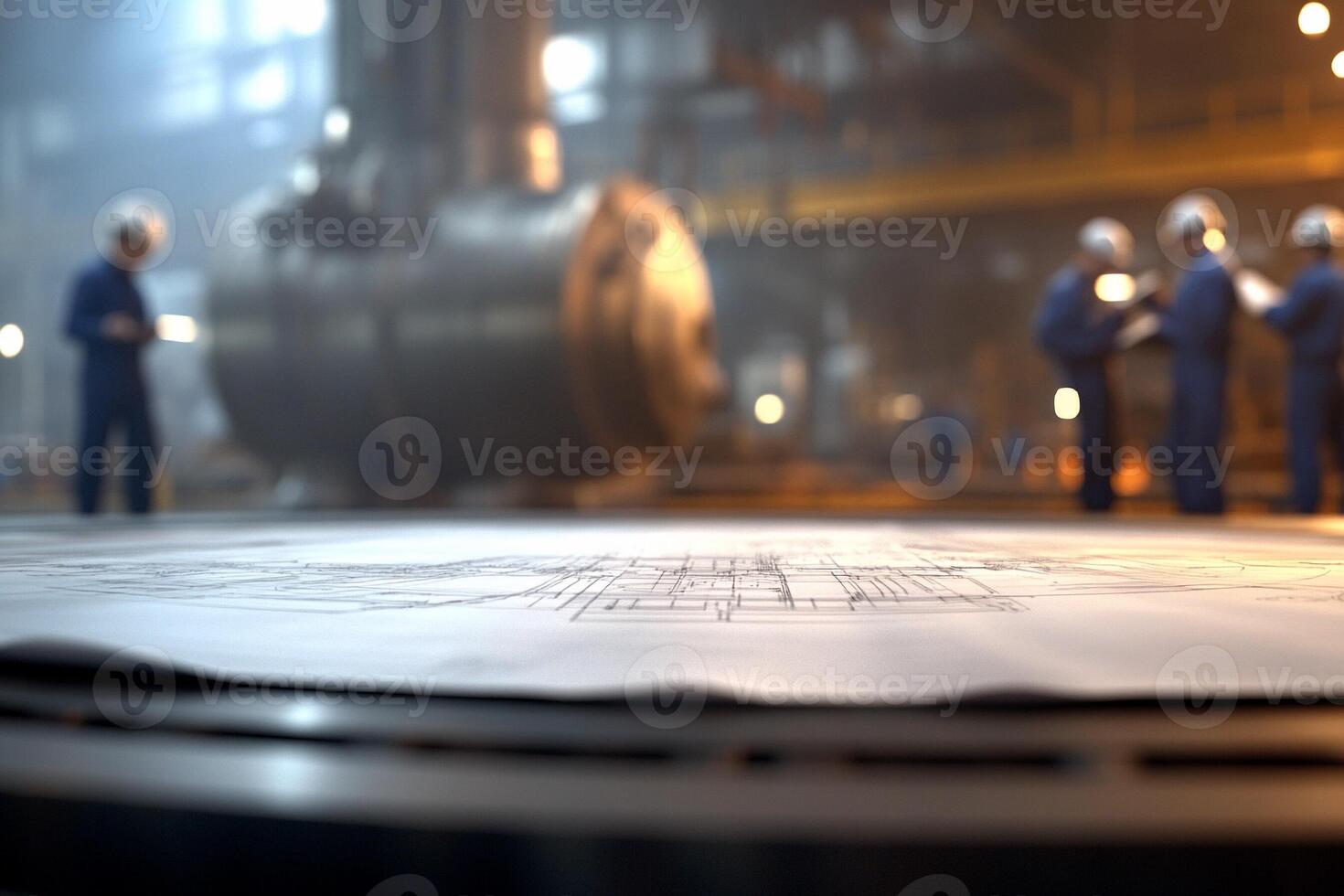 A group of people standing around a blueprint photo