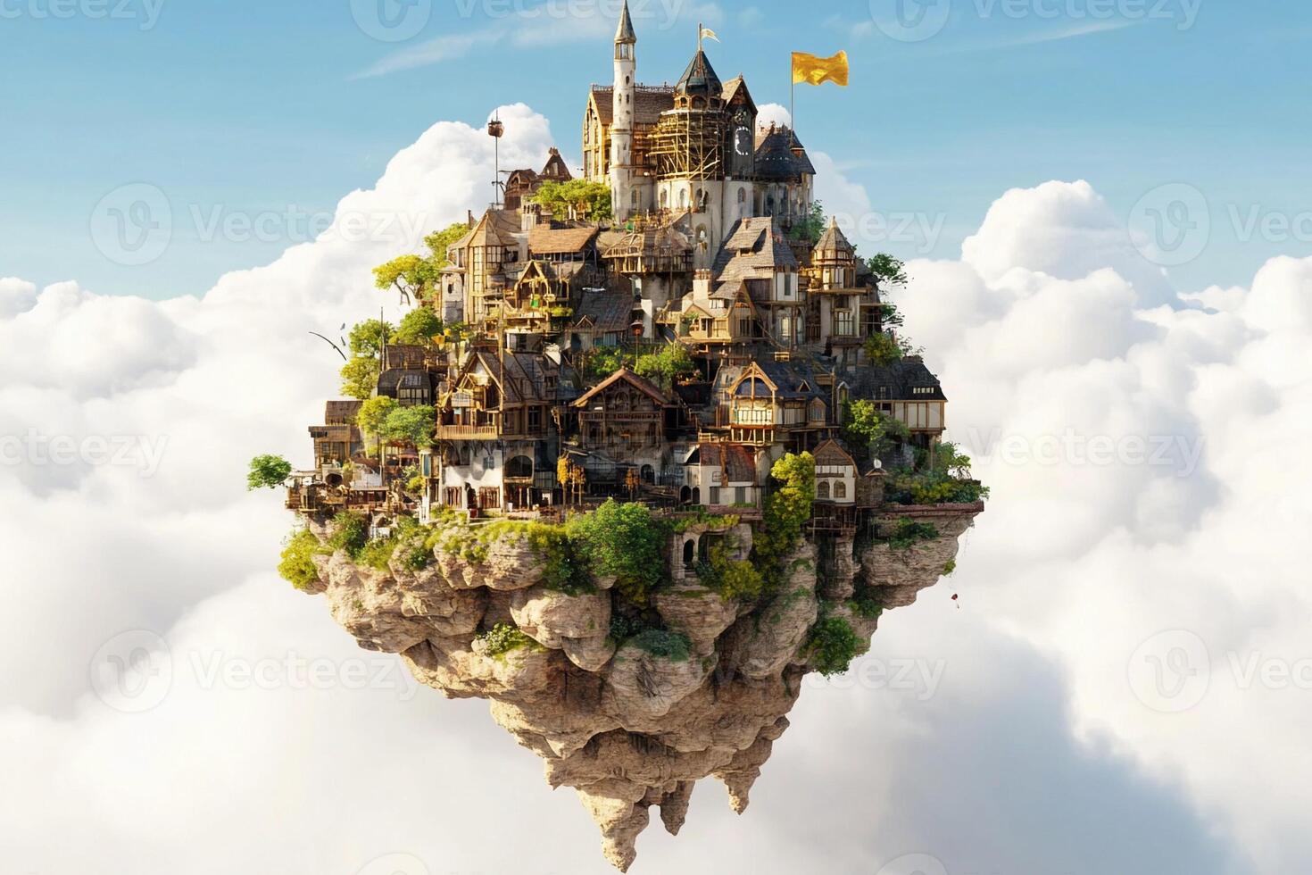 An island with a castle floating in the sky photo
