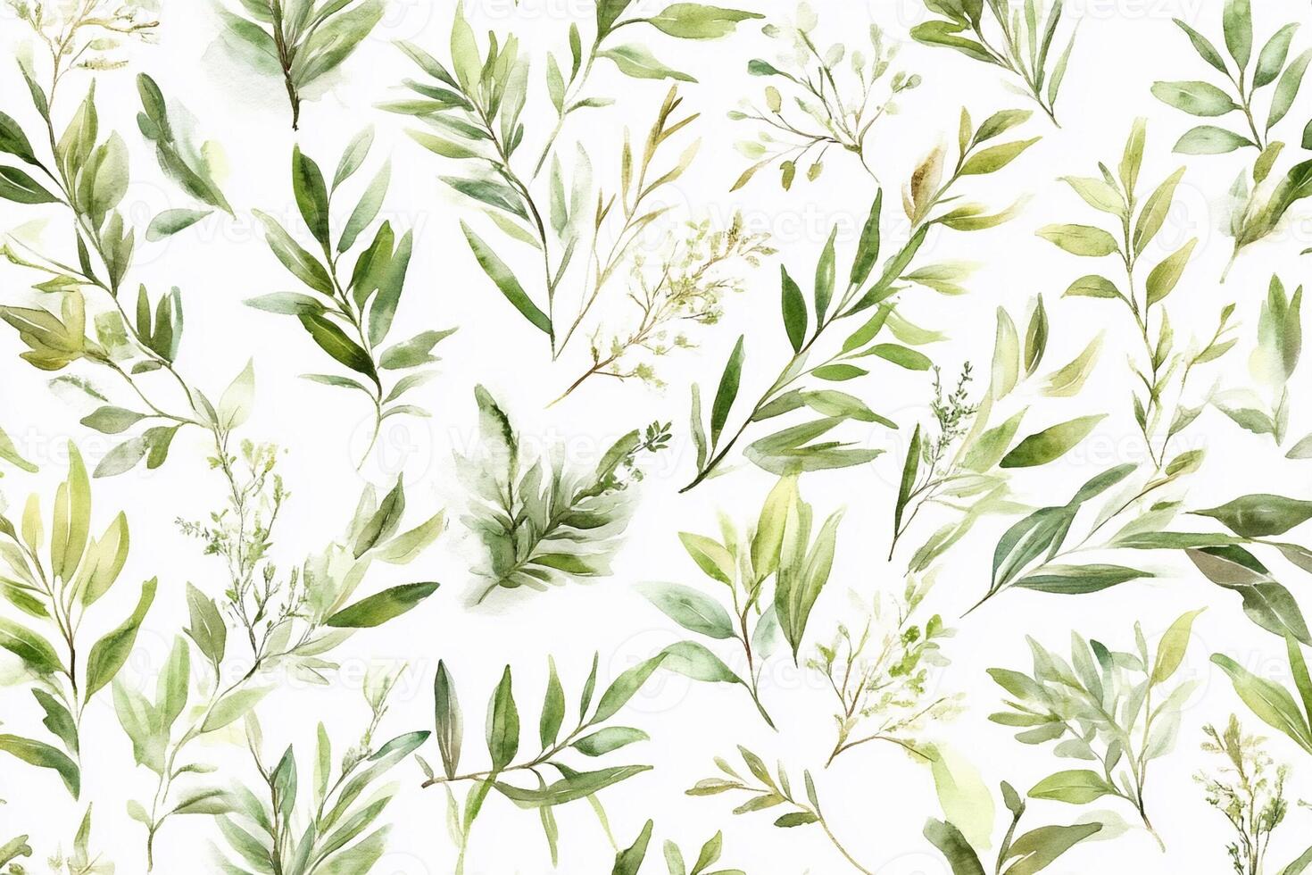 Watercolor seamless pattern with green leaves and branches photo