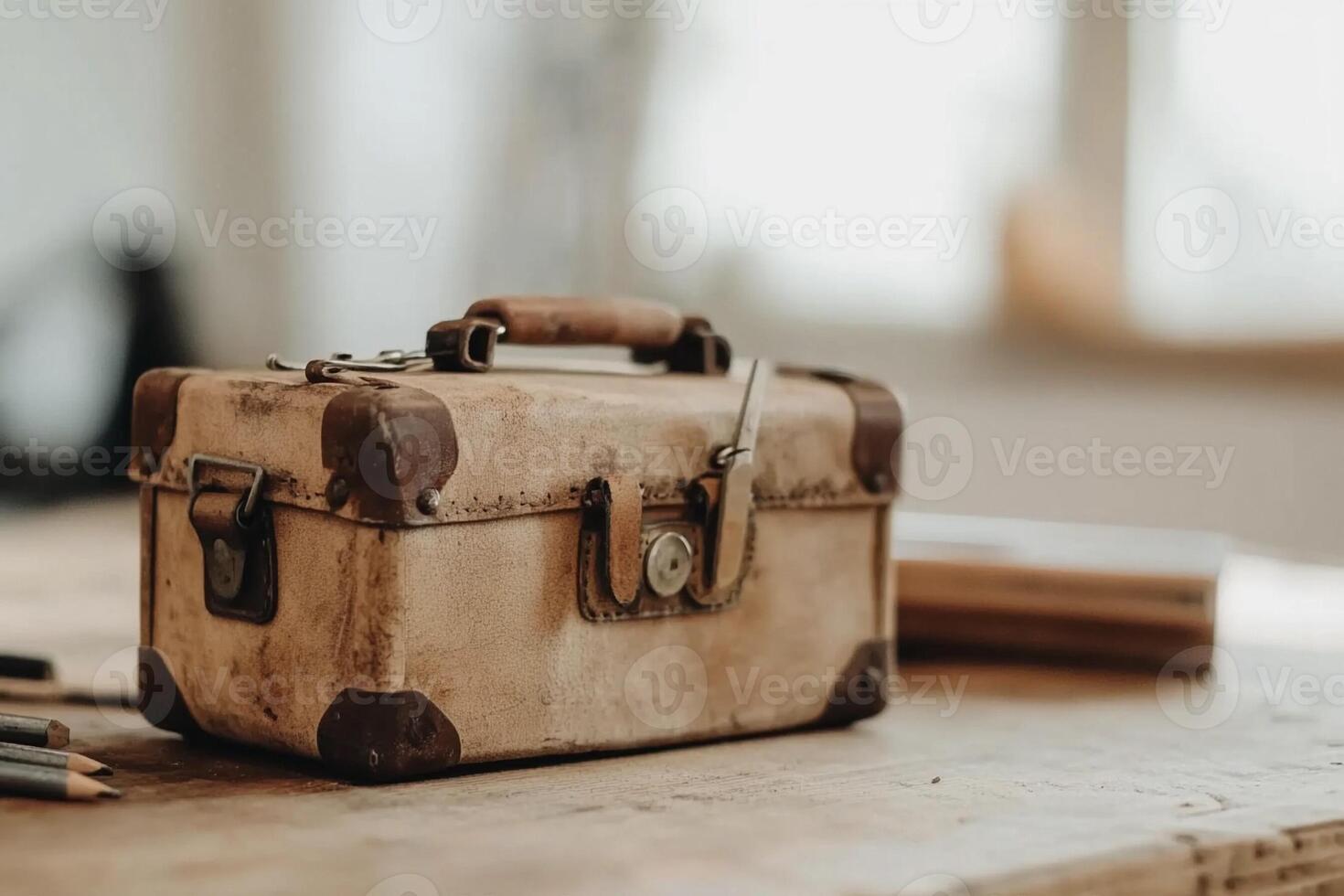 An old suitcase sitting on a table with pencils and other items photo