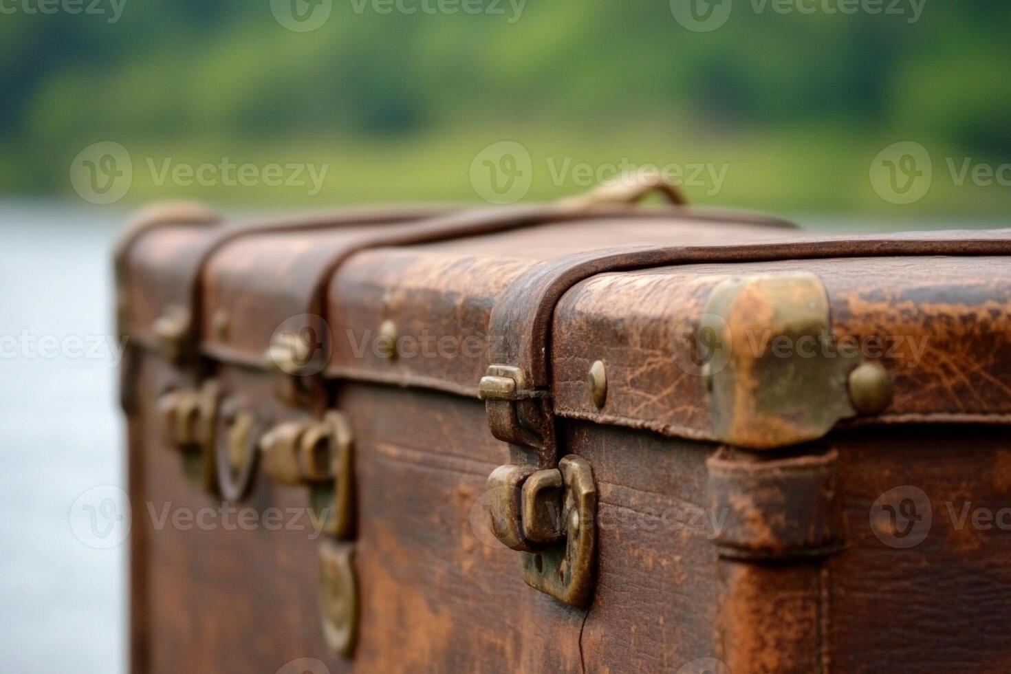 An old suitcase sitting on the edge of a lake photo