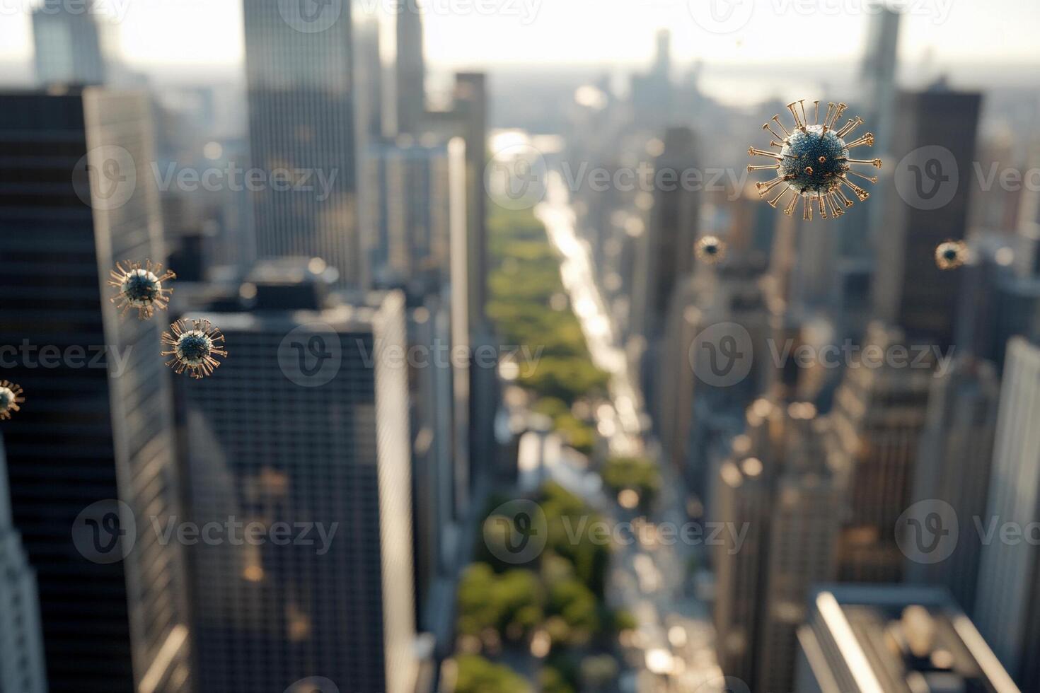 A group of bugs flying over a city photo