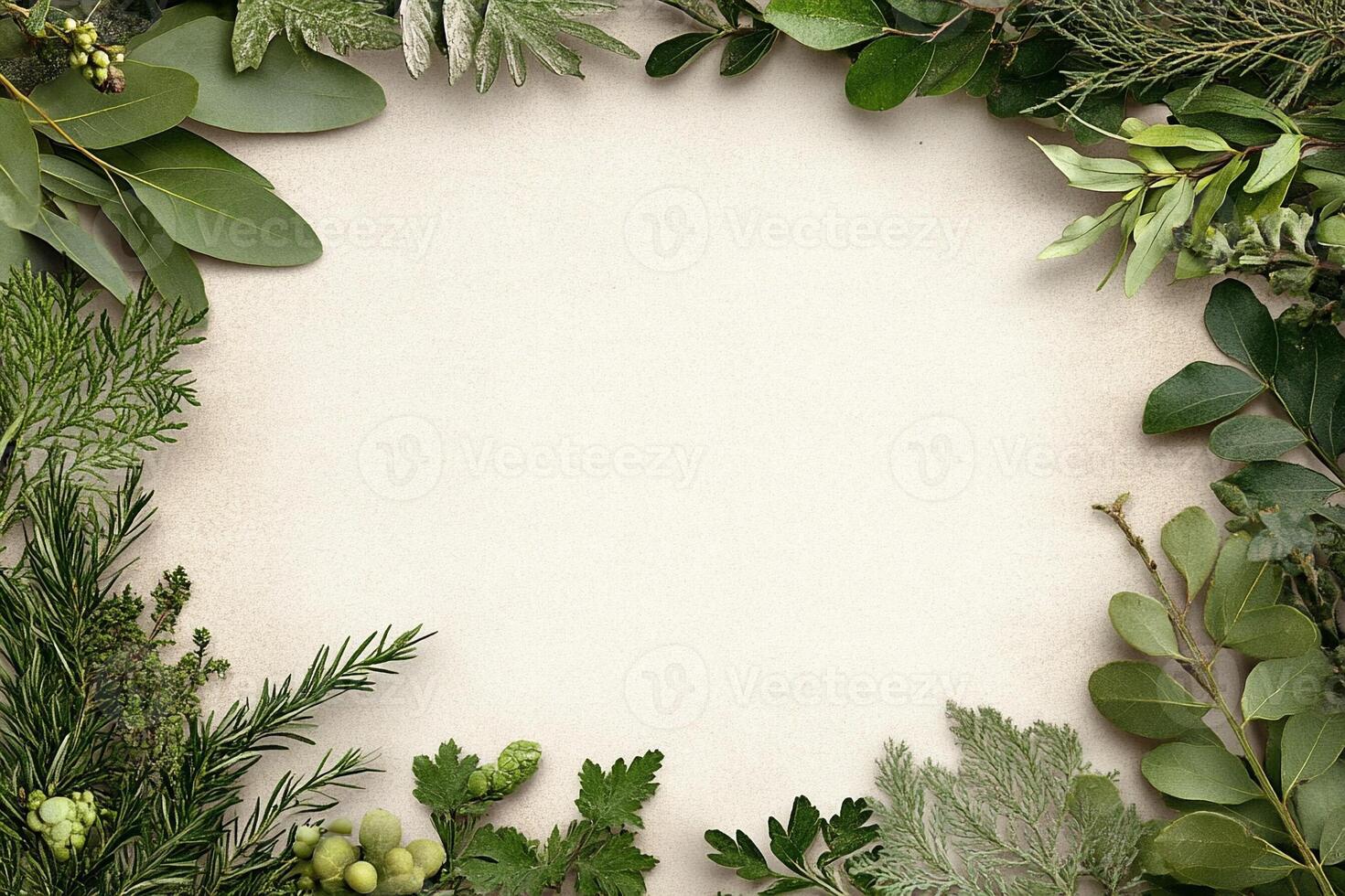 Green leaves and herbs arranged in a circle on a white background photo