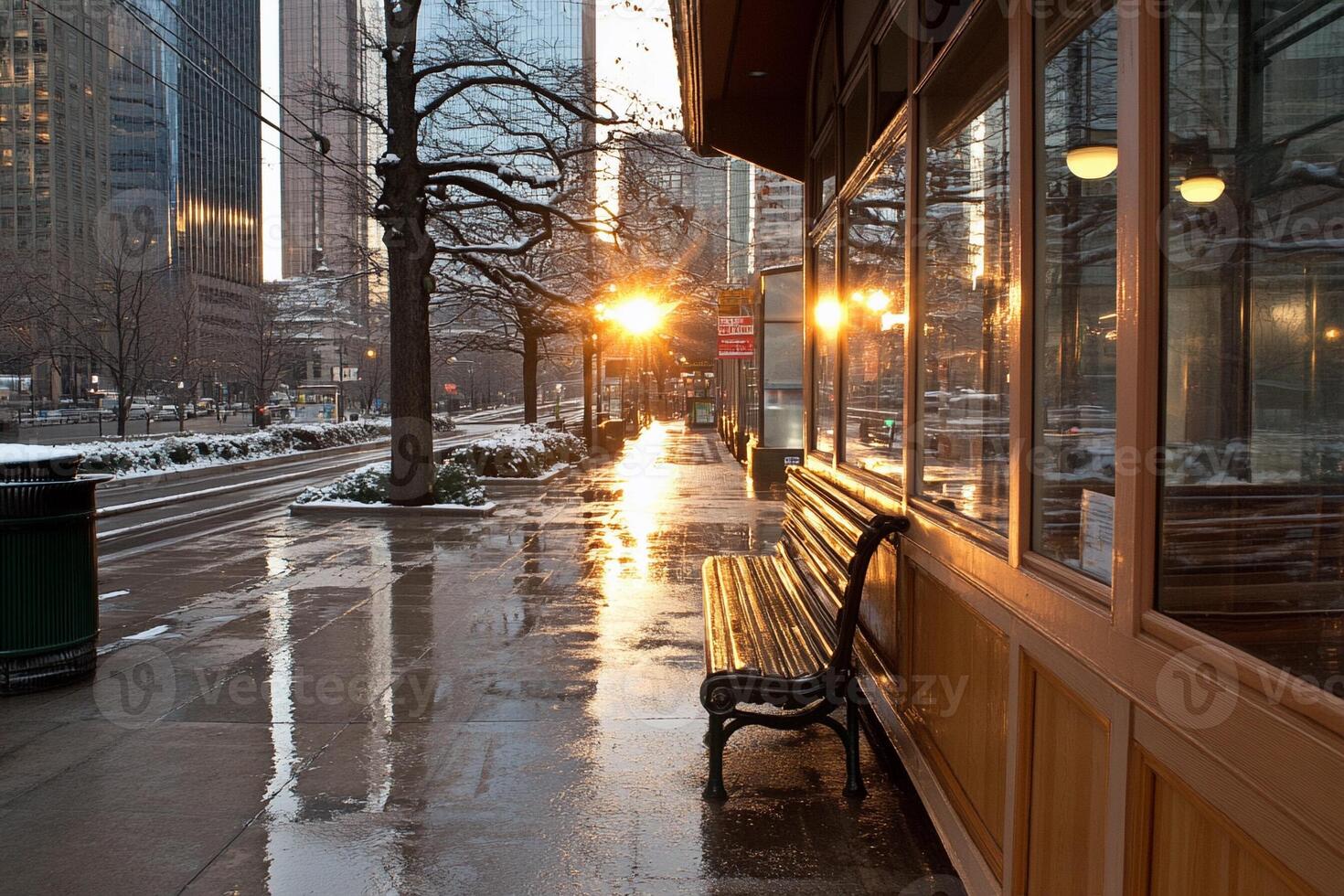 A bench sitting on a sidewalk in the rain photo