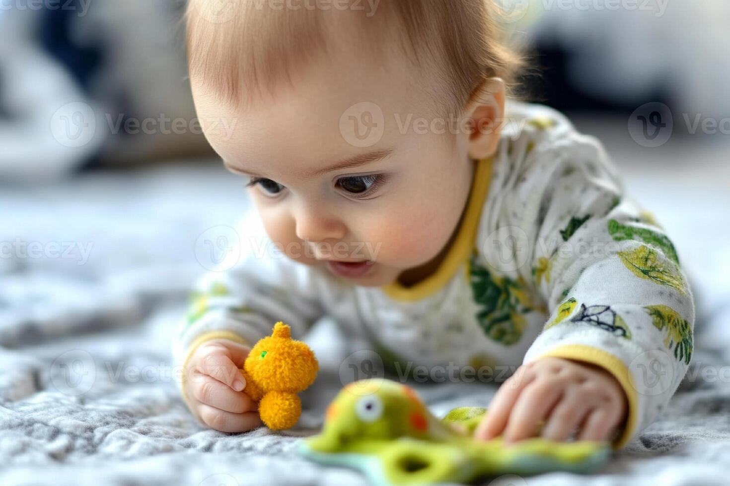 A baby playing with a toy on a bed photo