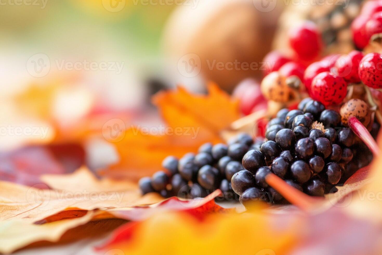 Autumn fruits and berries on a table with leaves photo