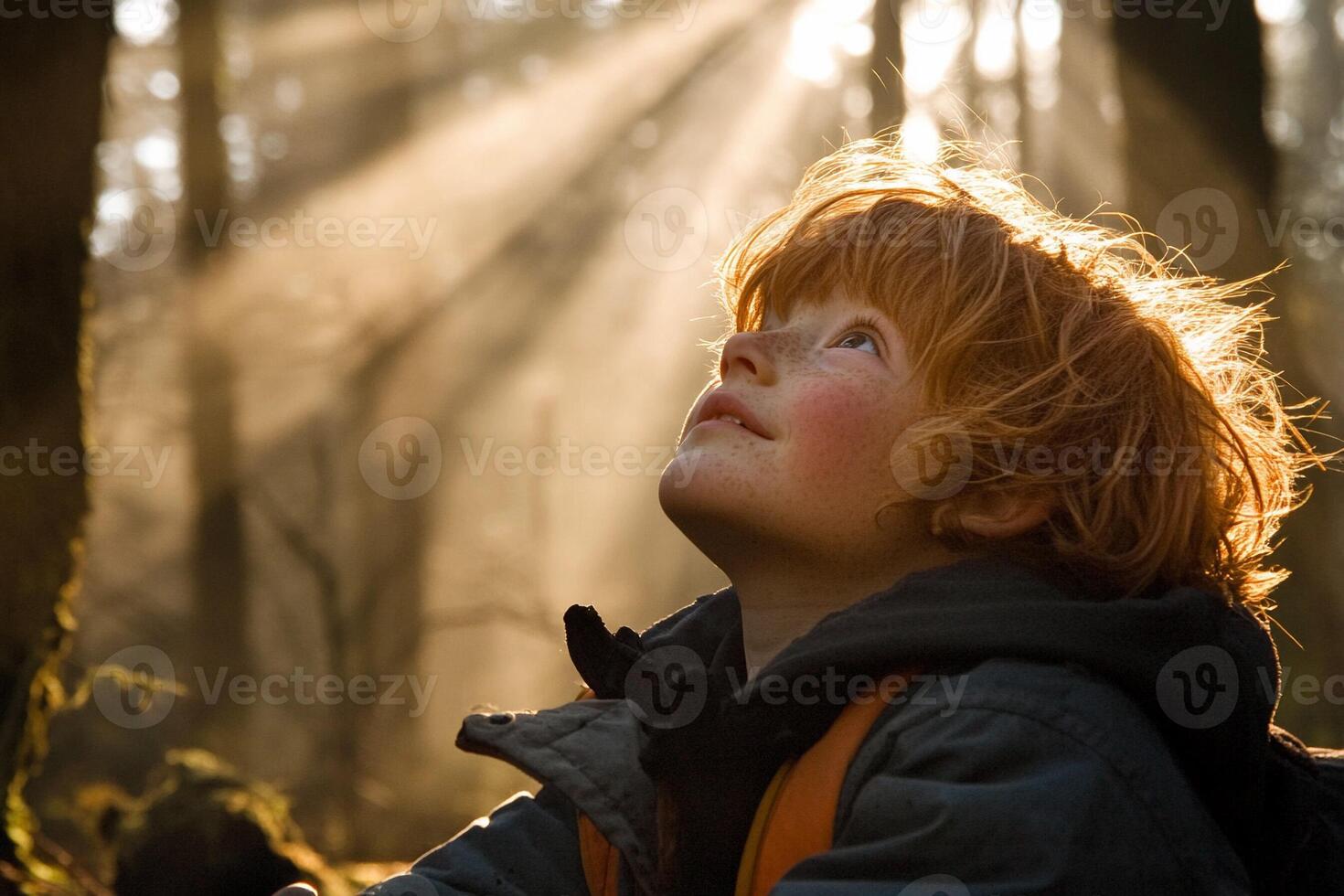 A young boy looking up at the sun in the woods photo