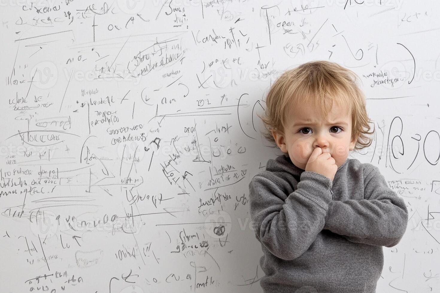 A young child standing in front of a whiteboard with a lot of formulas written on it photo