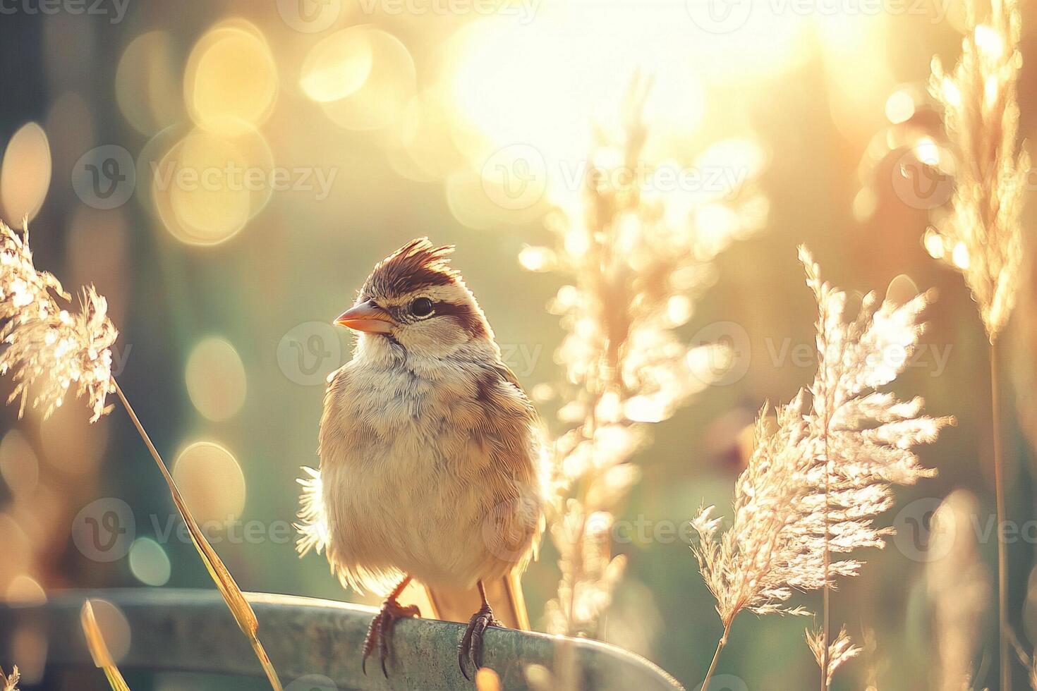 A bird is sitting on a bench in the sun photo