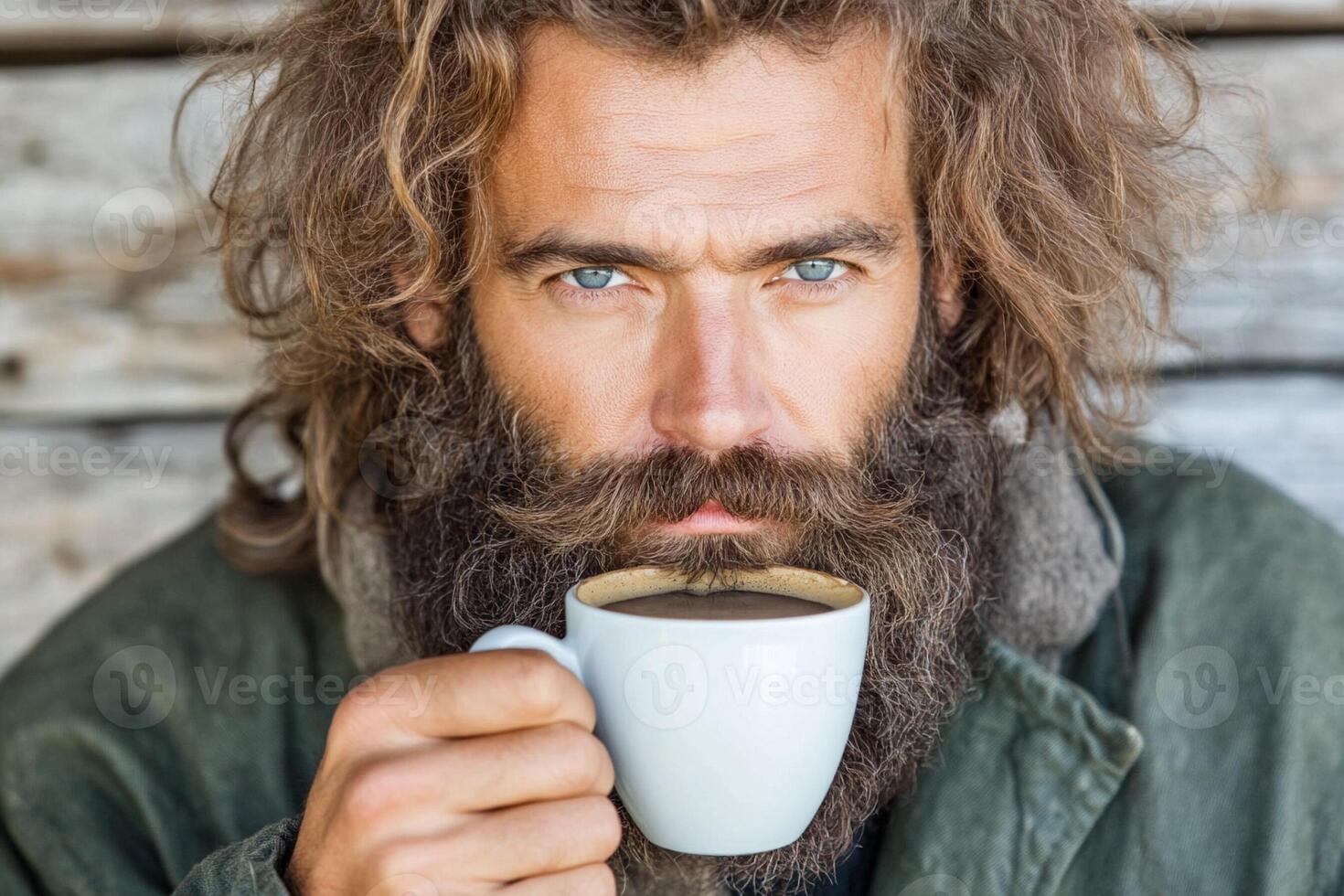 A man with a beard and long hair holding a coffee cup photo