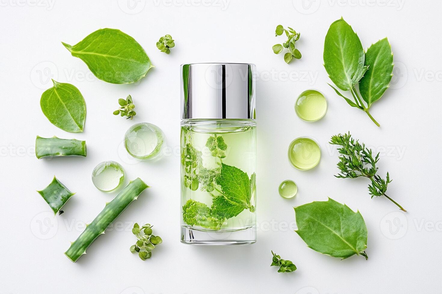 Green leaves and herbs in a glass bottle photo