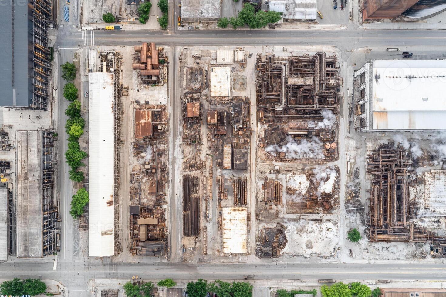 An aerial view of a city with buildings and factories photo
