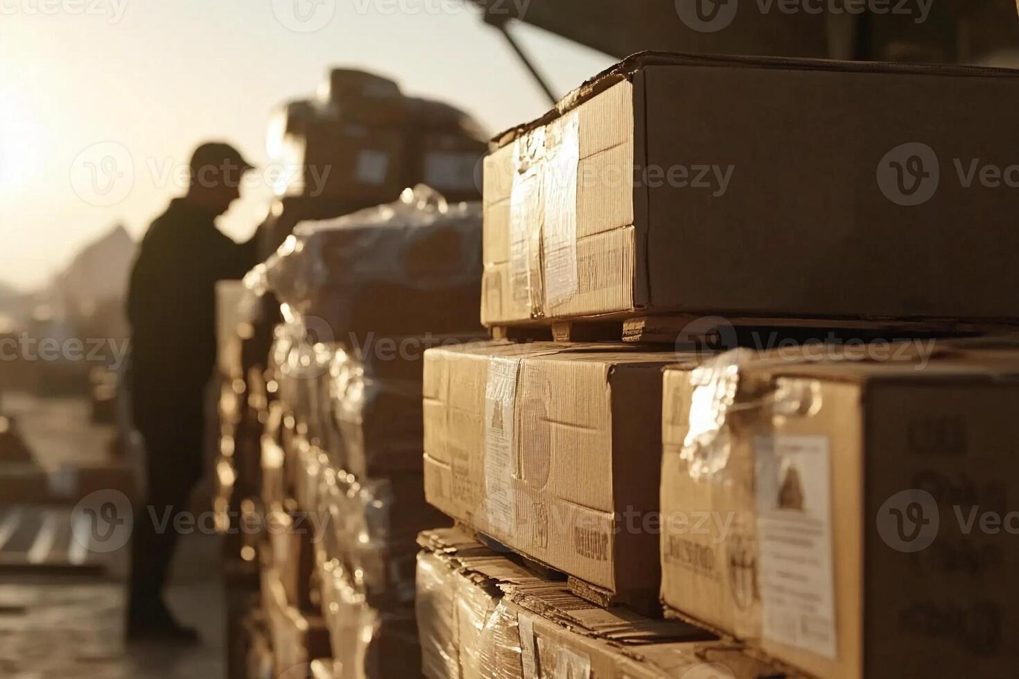 A man is standing in front of boxes in a warehouse photo