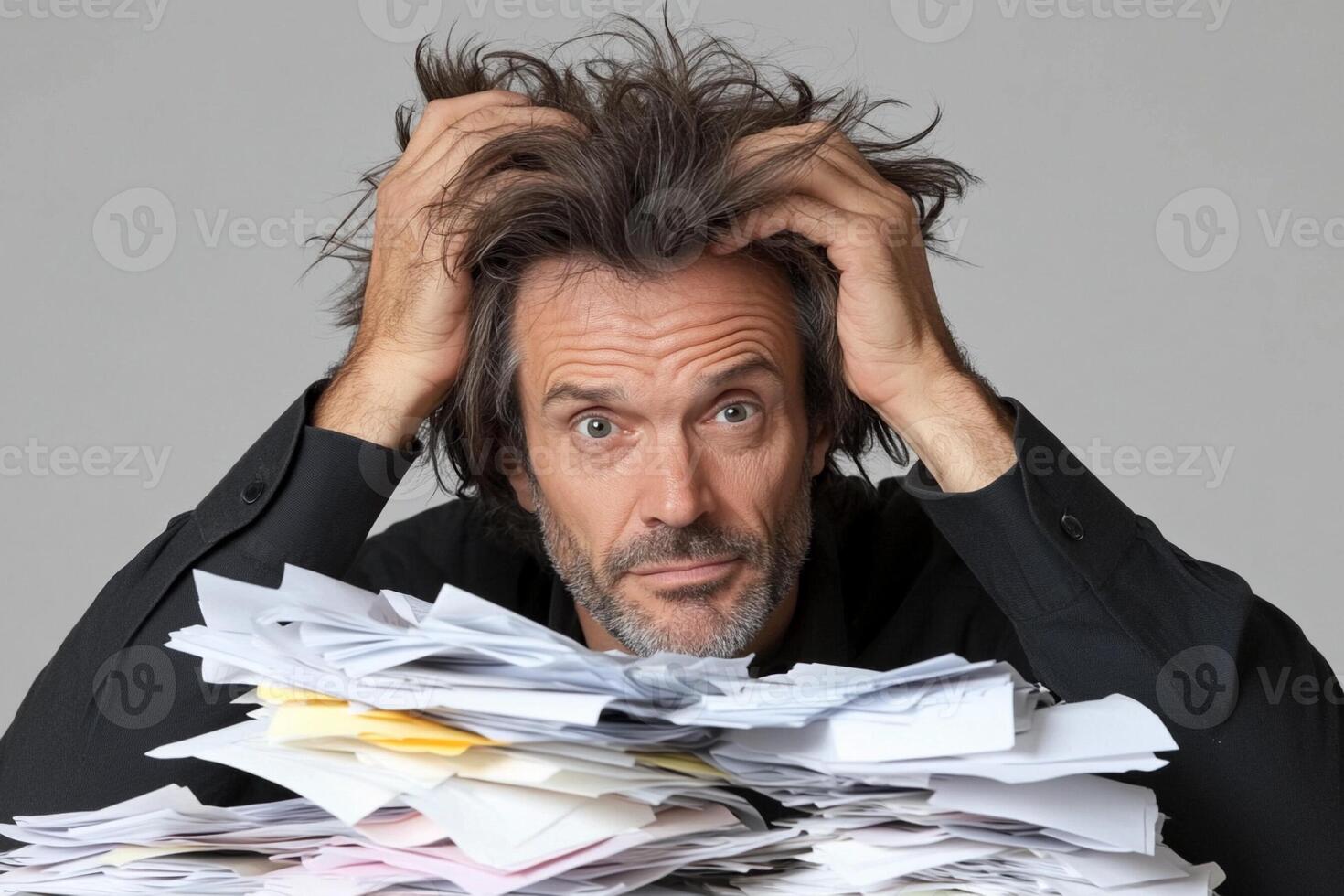 A man with his head on top of a pile of papers photo