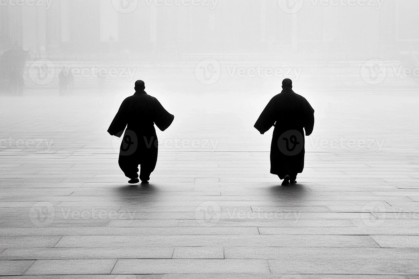 Two men walking in the fog photo