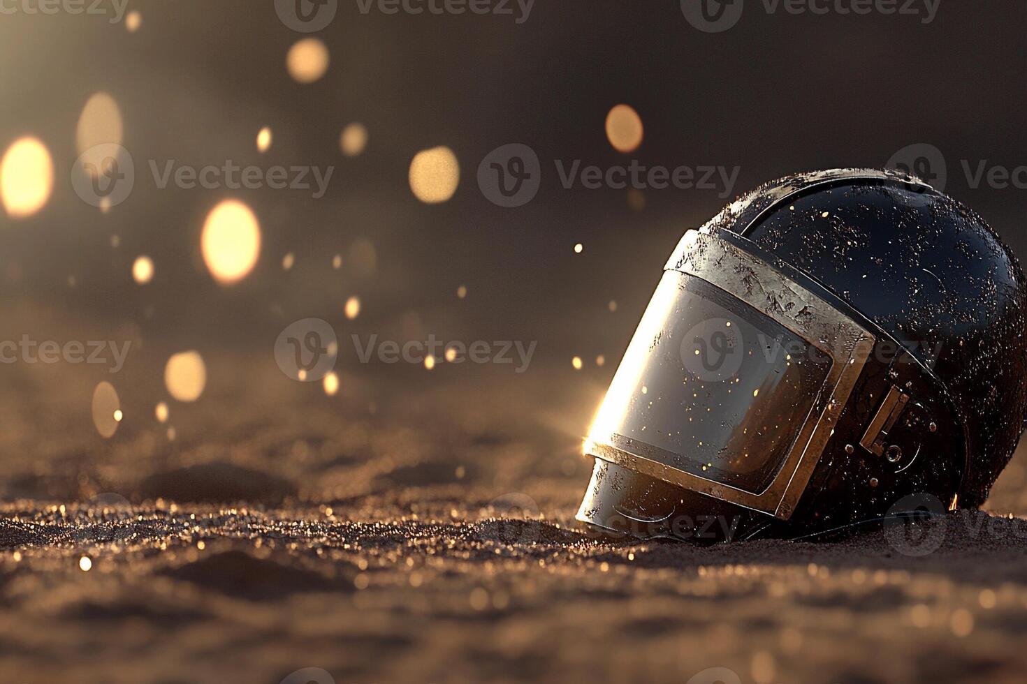 A helmet laying on the ground in the sand photo