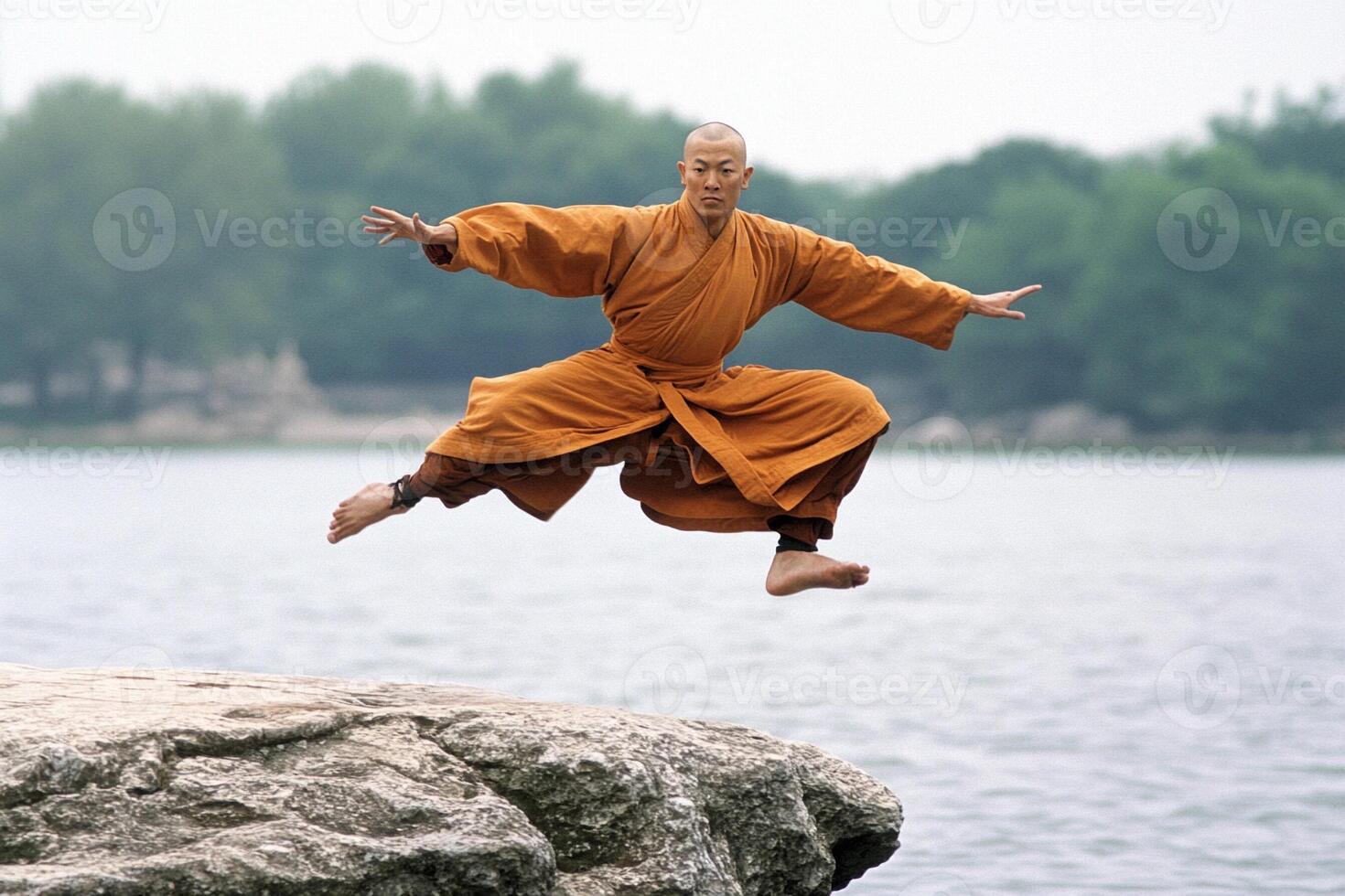 A man in a monk outfit jumping on a rock photo