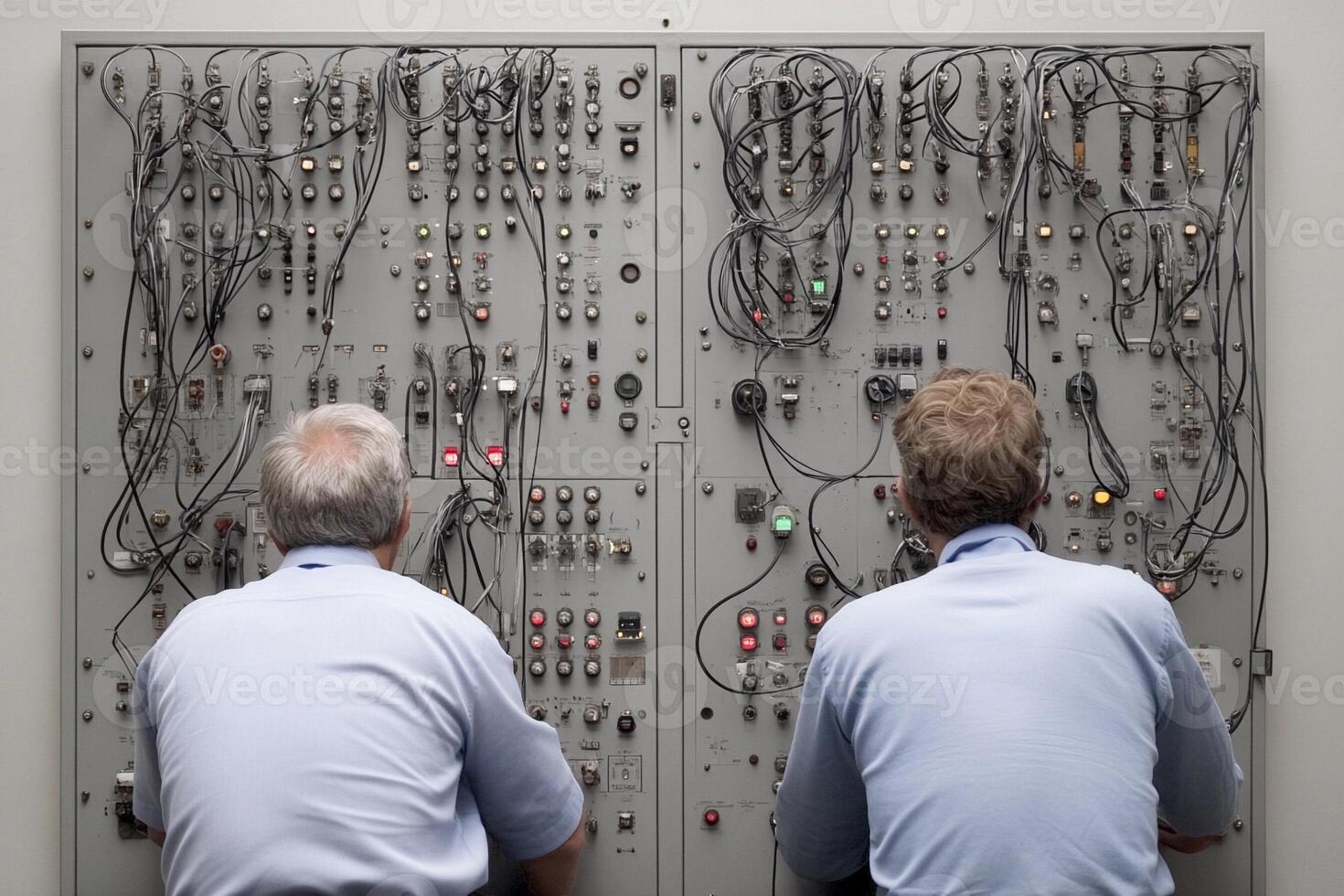 Two men in front of a large electronic panel photo