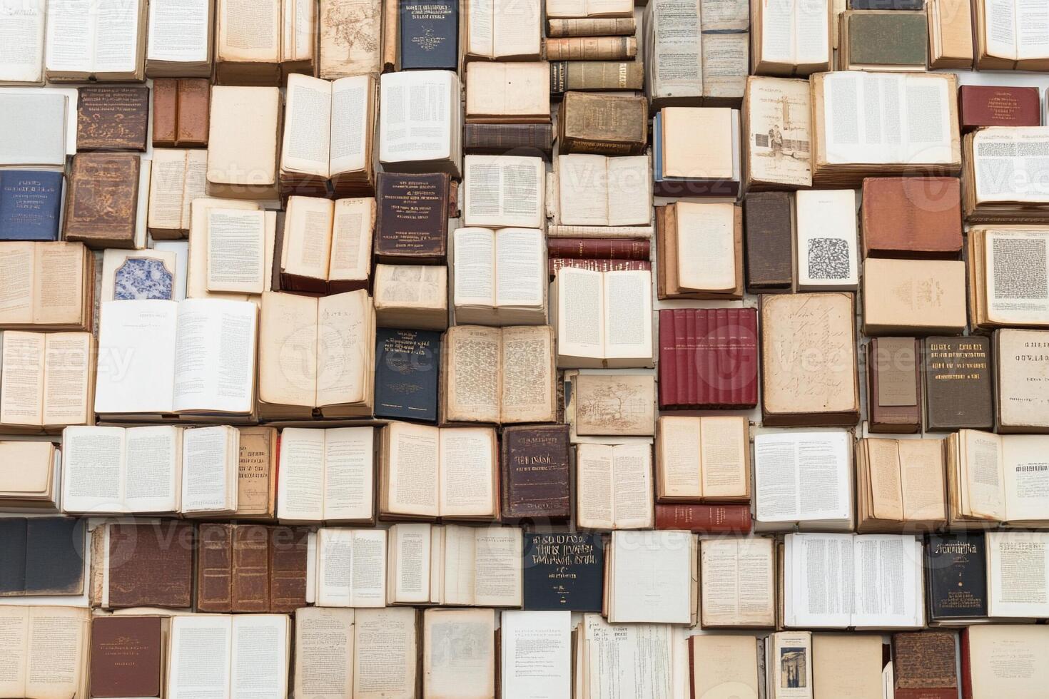 A large pile of old books on a table photo