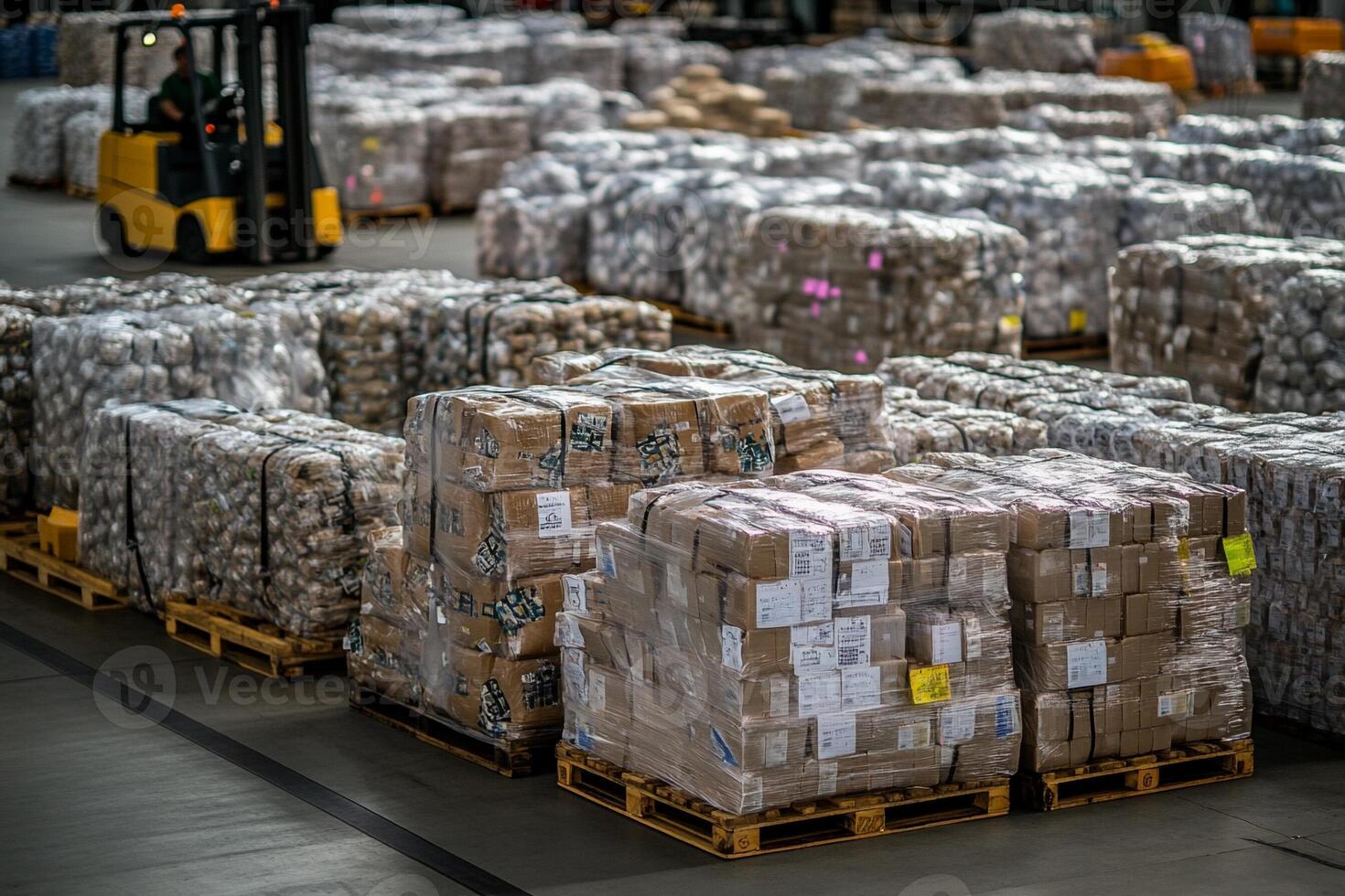 A forklift is moving around a warehouse filled with boxes photo
