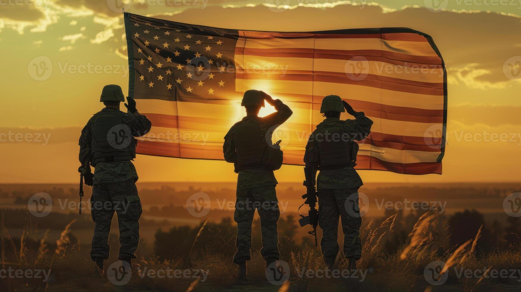 The soldiers saluting American flag. photo