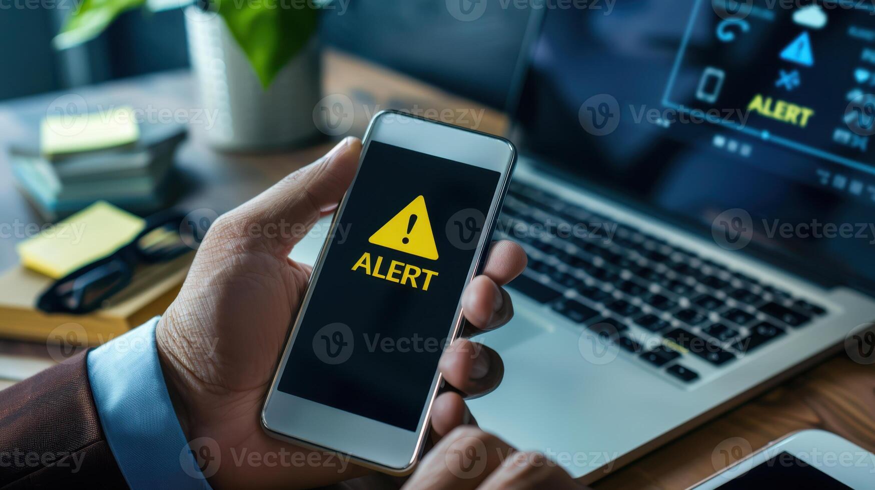 Hand holding smartphone alert notification photo