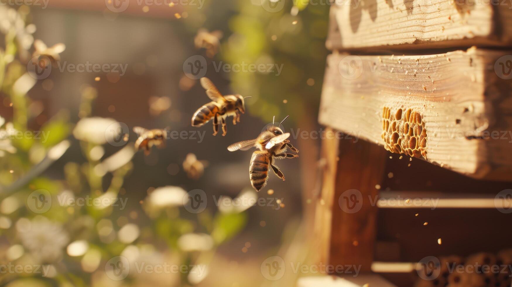 Bees Near Wooden Hive photo