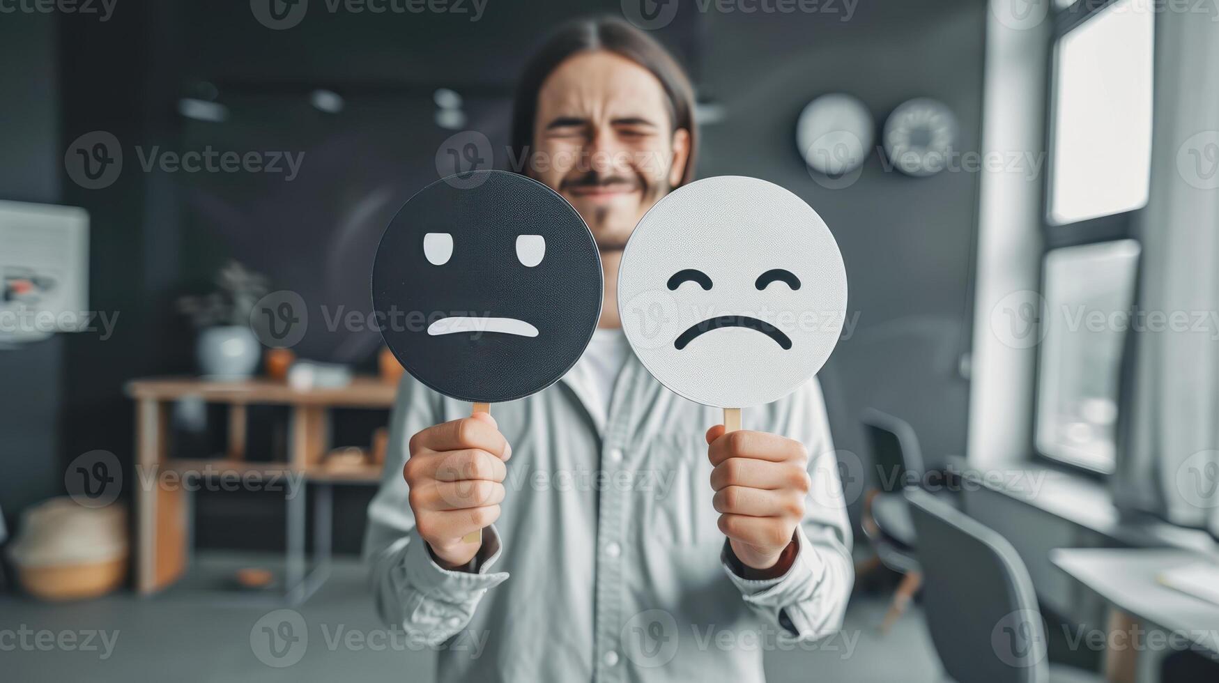 The man holding unhappy faces photo