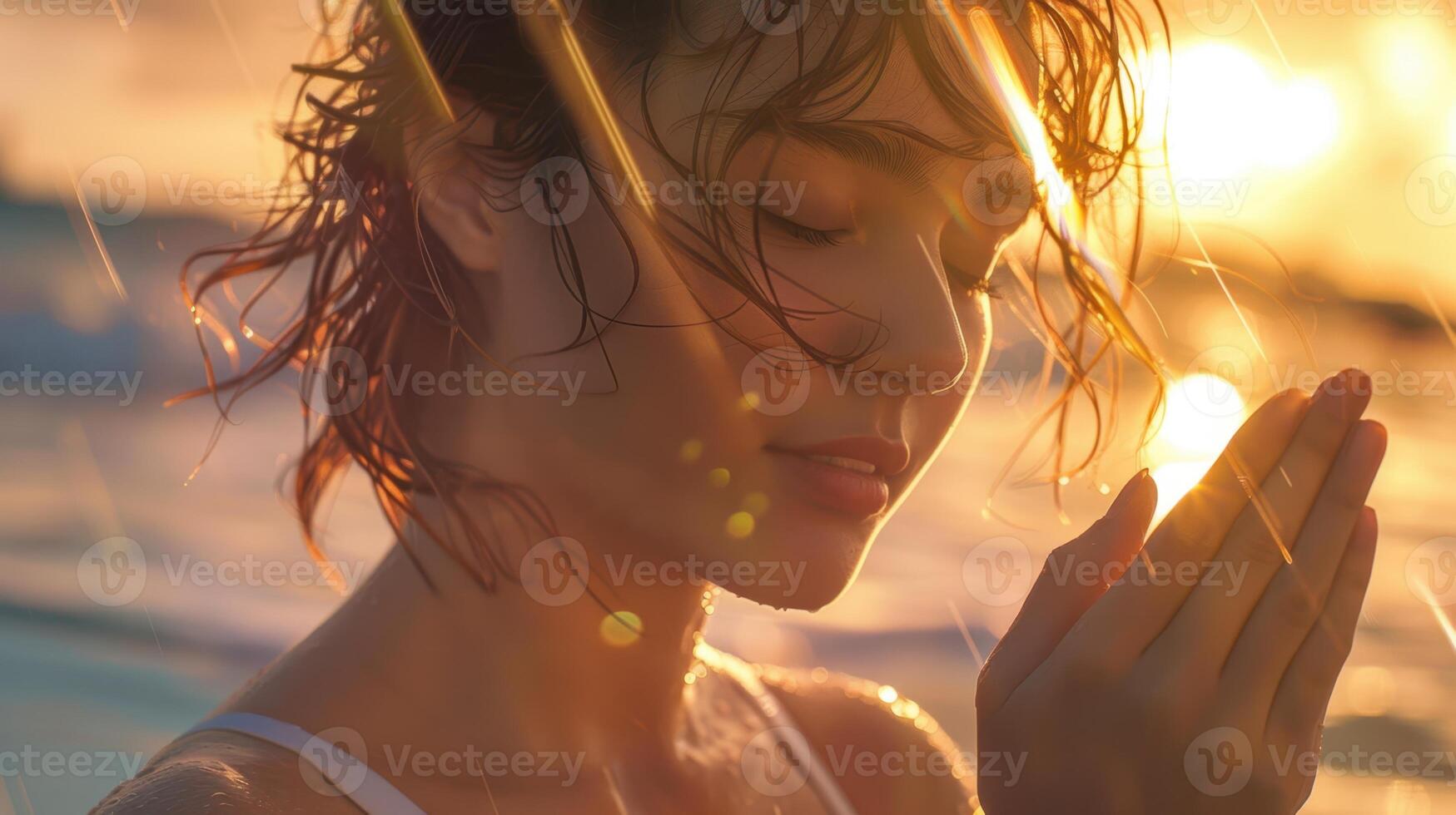 The woman praying at sunset. photo