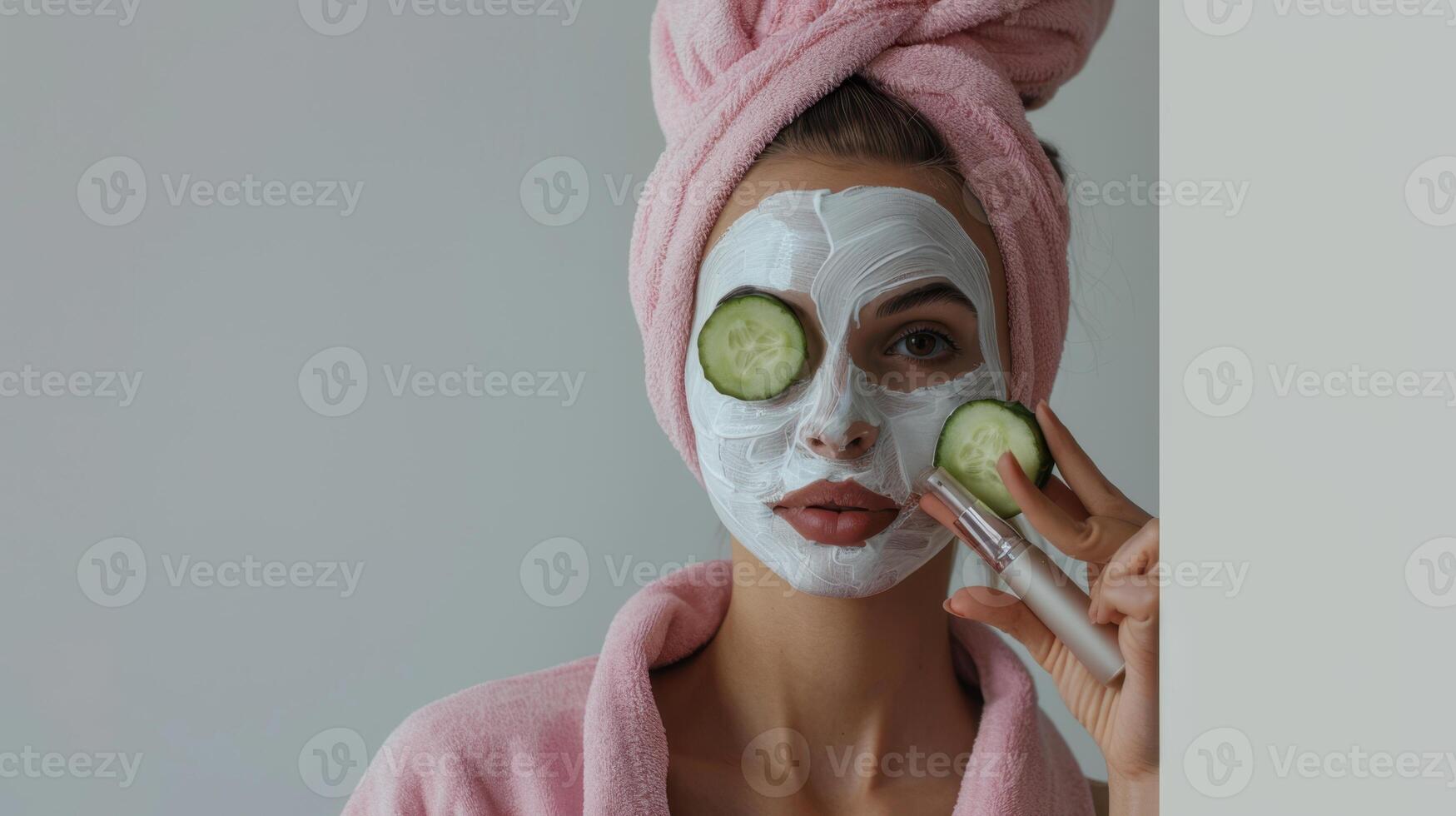 A woman with a cucumber mask on her face photo