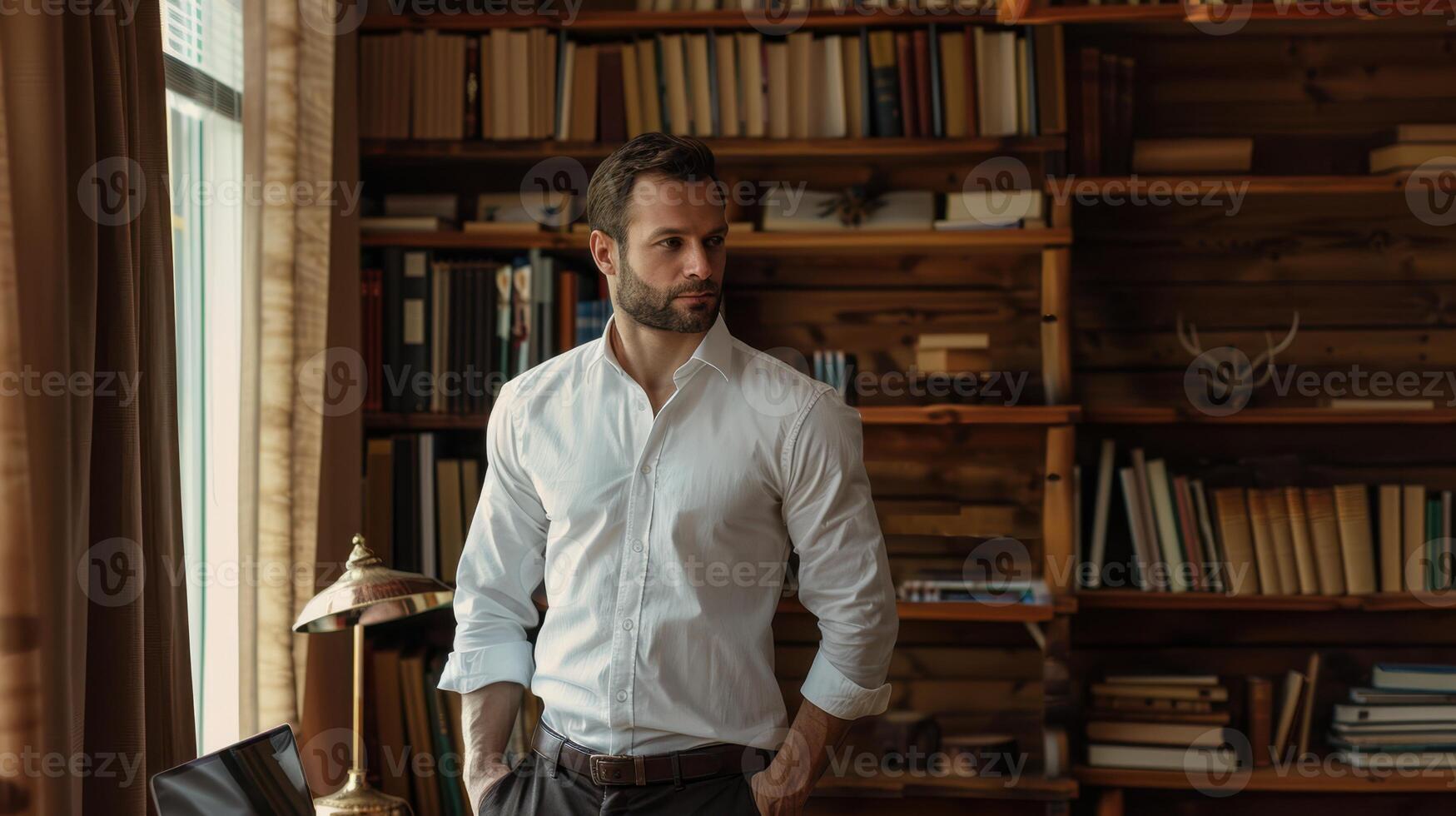 A man in a white shirt standing in front of a bookcase photo