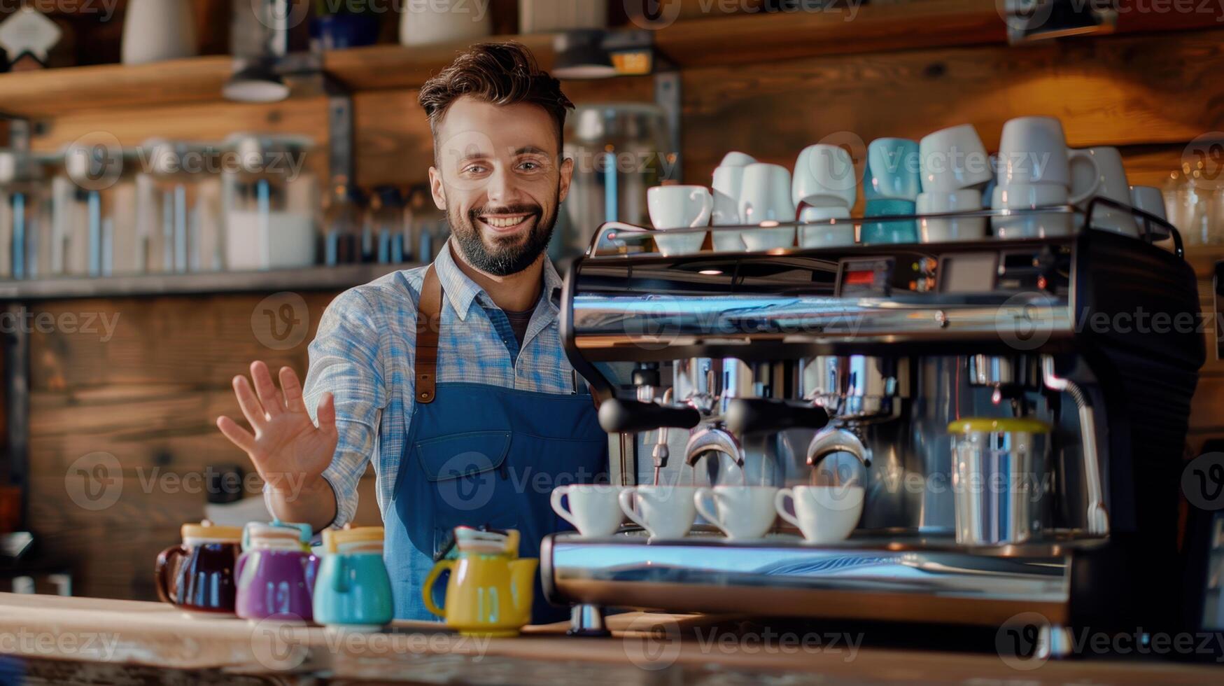 A man in apron standing behind a coffee machine photo