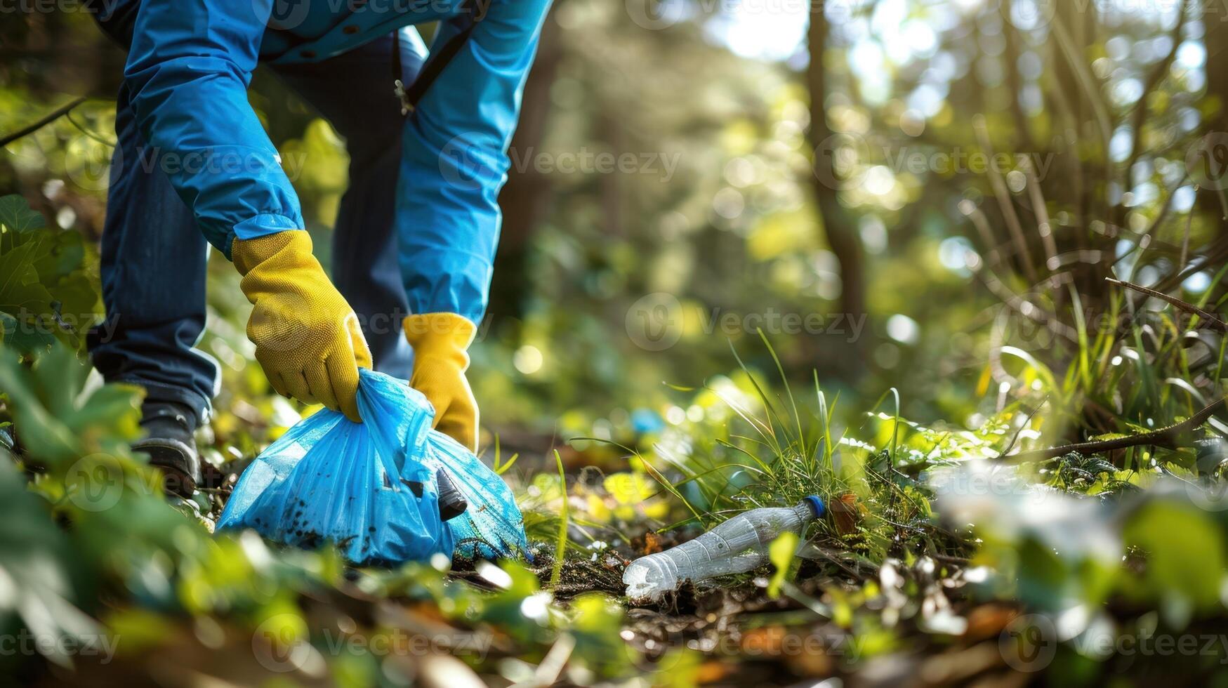 A person in blue gloves picking up trash in the woods photo