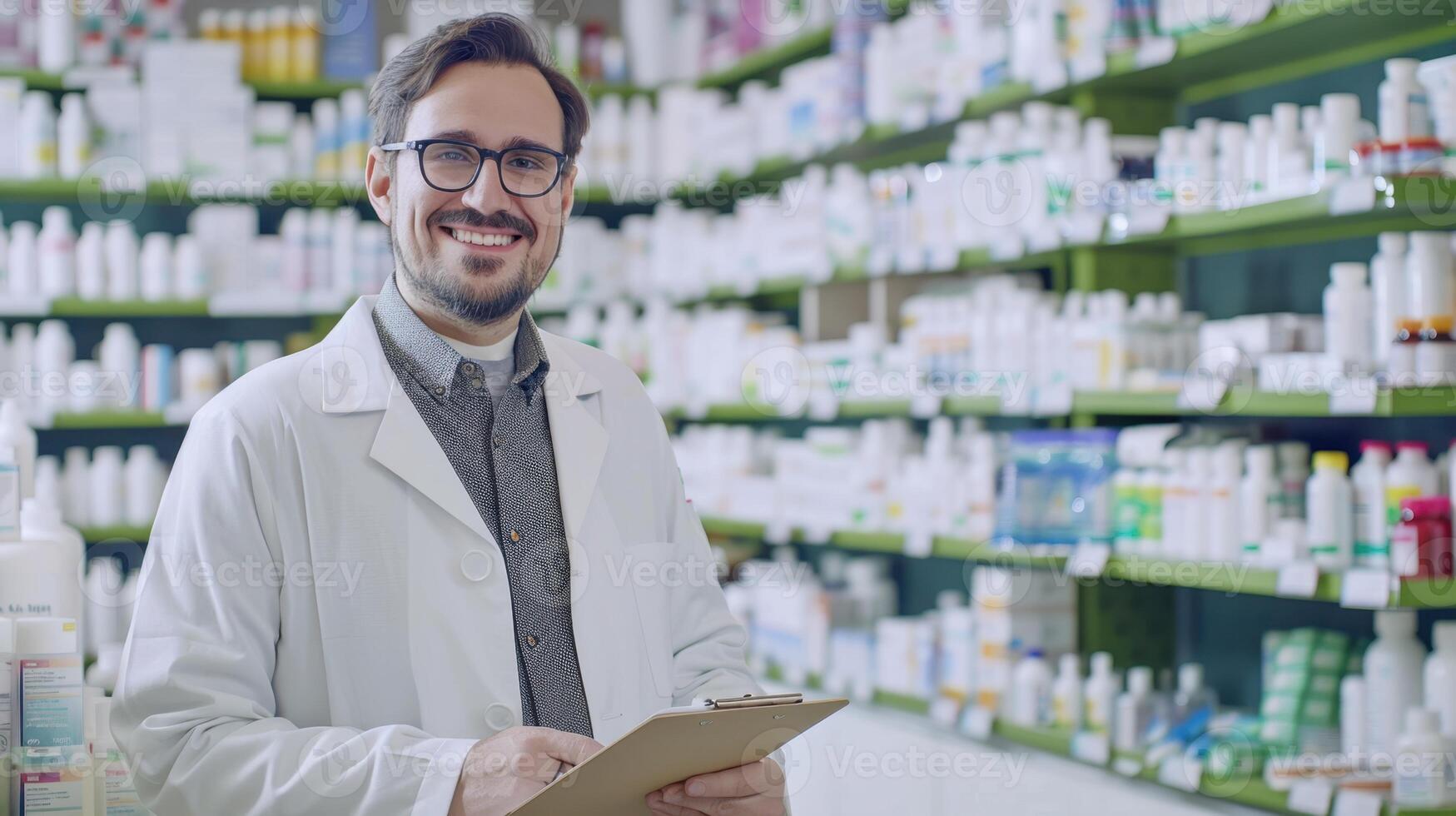 A man in a white lab coat is standing in front of shelves of medicine photo