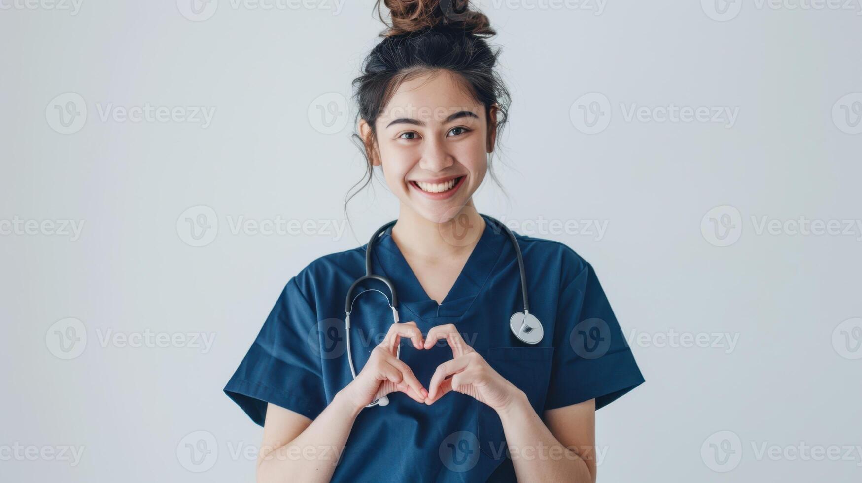 A young woman in scrubs making a heart shape with her hands photo